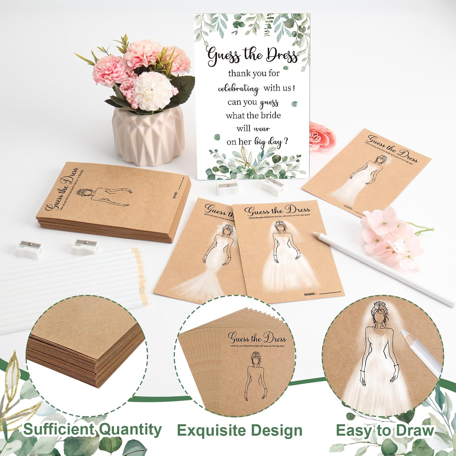 Guess The Dress Bridal Shower Games Include Wooden Table Sign 50 Couple Shower Cards&White Pencils 10 Pencil Sharpeners For Guests Wedding Decorations Bachelorette Engagement Party (Bridal Disc)