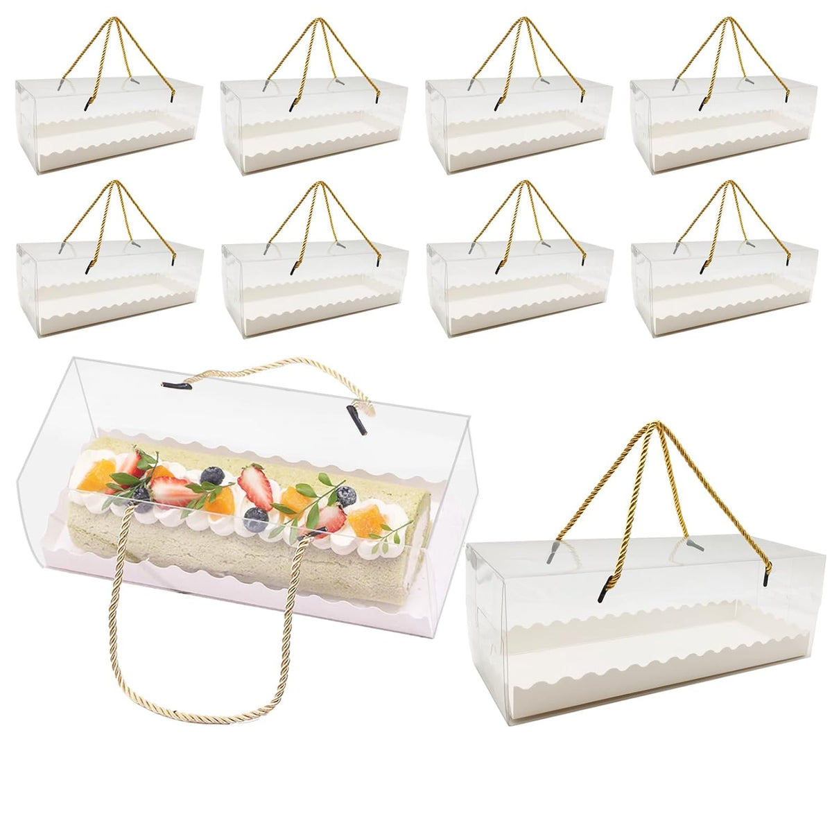 20 Pcs 10.8 Inch Clear Roll Cake Boxes With Gold Rope Handle & Cake Boards, Homemade & Bakery Transparent Plastic Gift Boxes?Easy Carrying, Storage Containers For Slice Cake, Christmas