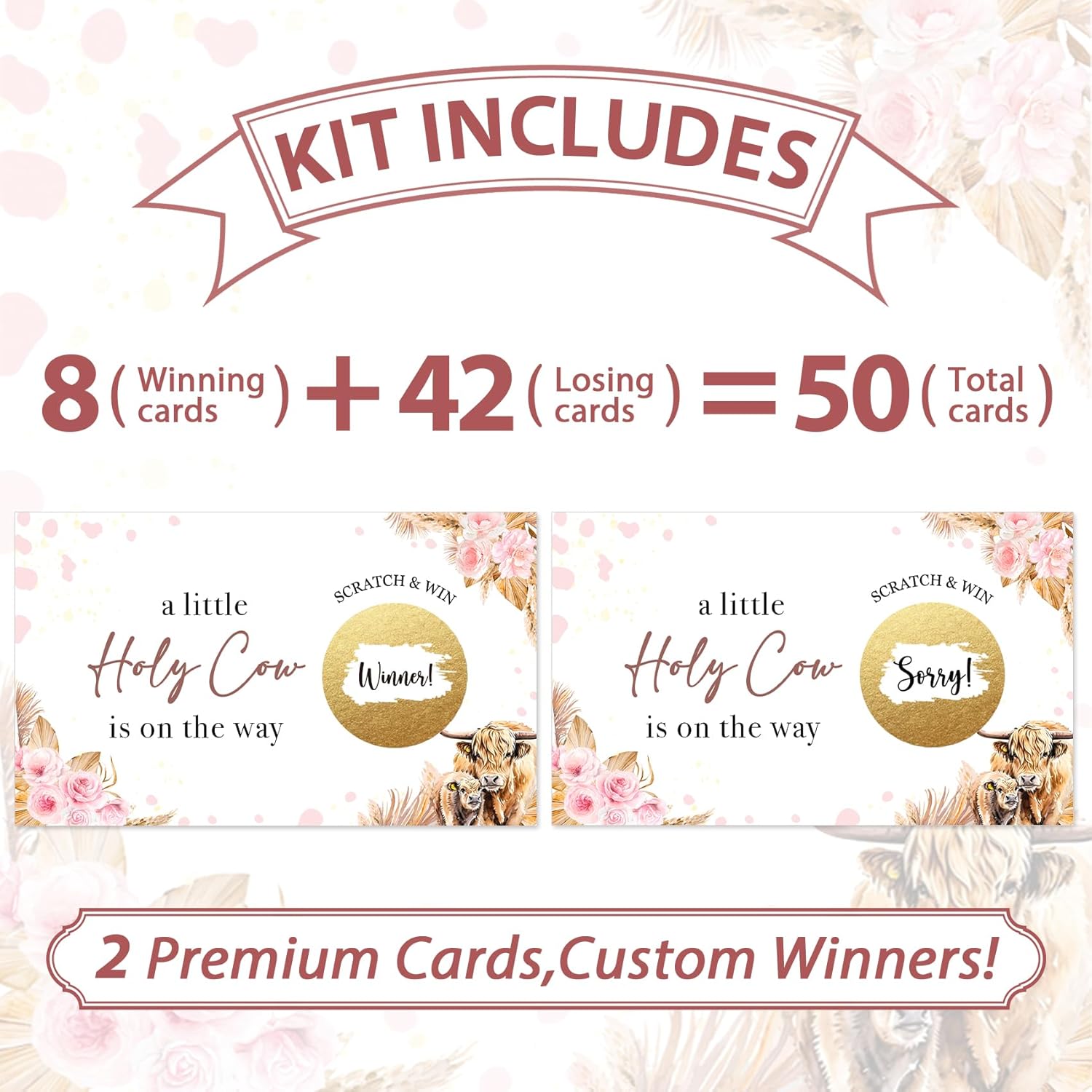 Highland Cow Baby Shower Scratch-Off Game Cards For Adults (50-Pack) - 'A Little Holy Cow Is On The Way' Themed Party Activity, Fun Group Game For Celebrations & Guest Entertainment-W4