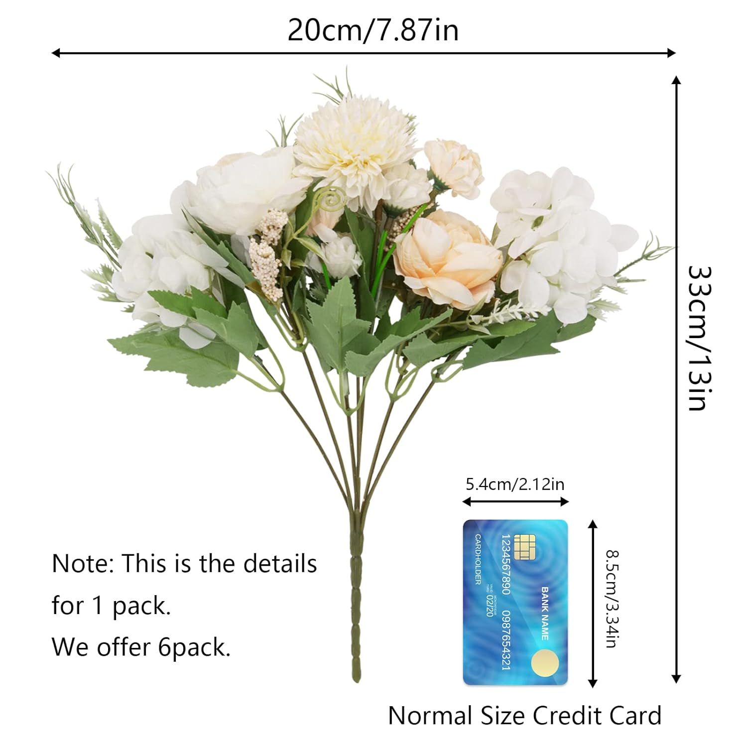 Artificial Flowers, 6 Packs White Fake Peony Silk Hydrangea Bouquet Decor Plastic Carnations Daisy Realistic Flower Home Office Party Decor Arrangements Wedding Decoration Table Centerpieces