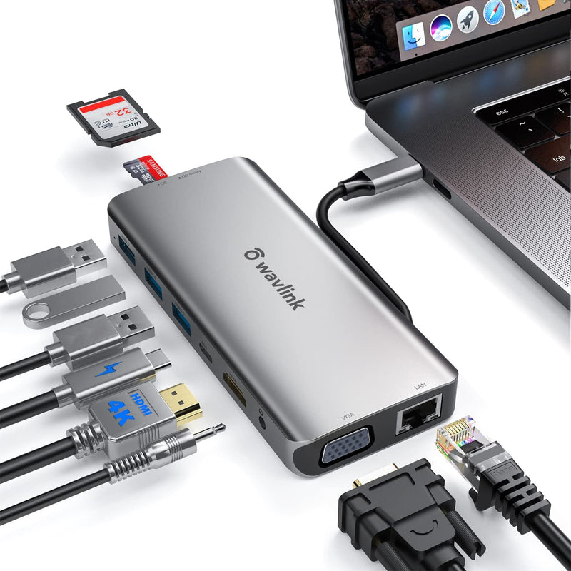 WAVLINK USB C Hub, 10-in-1 USB C Docking Station with HDMI 4K 30Hz, Gigabit Et