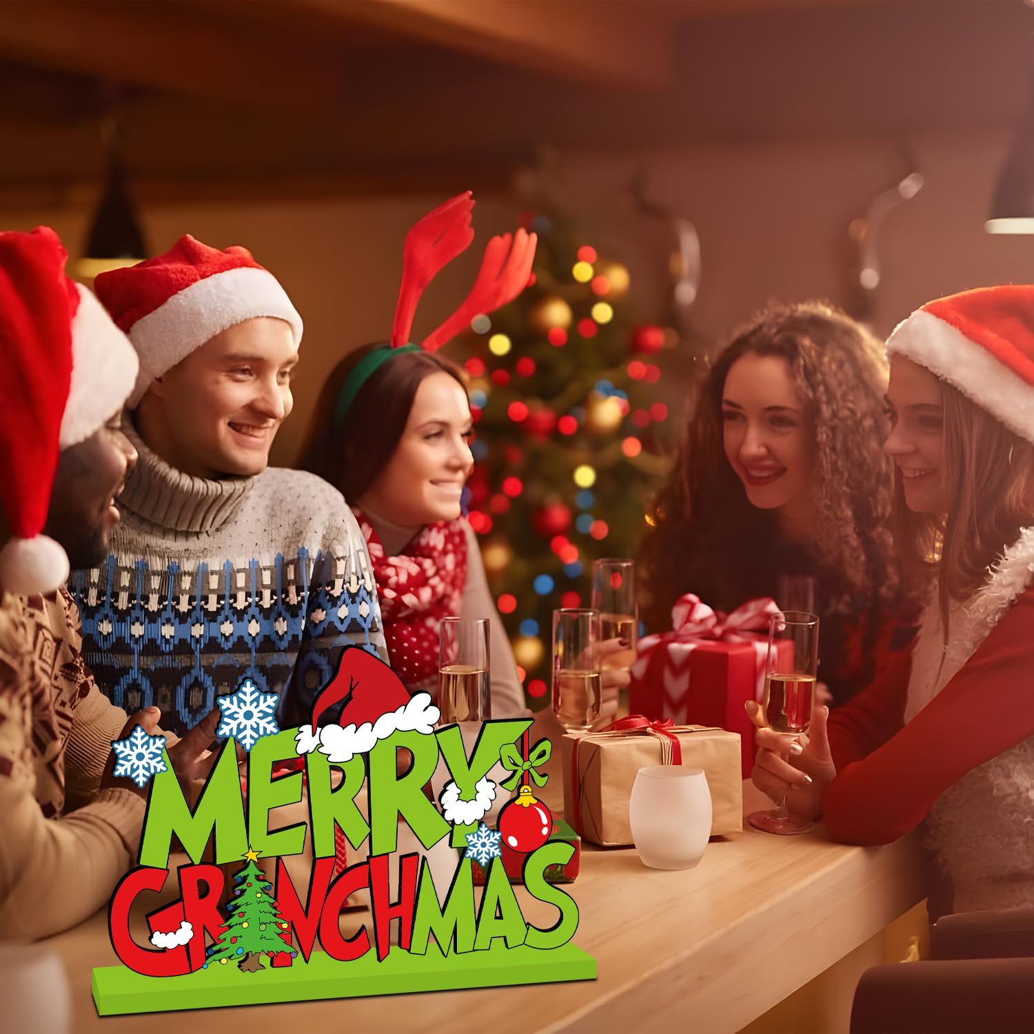 Christmas Decorations For Home Wood Table Centerpieces Green Merry Christmas Centerpieces For Tables 11.8X7.9Inch Large Size Christmas Tree Pattern Wood Tabletopper