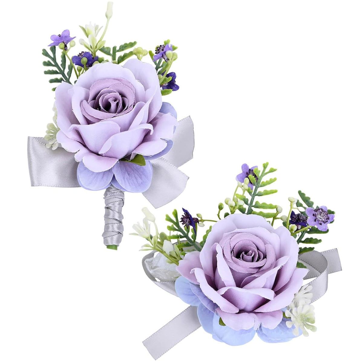 Artificial Rose Corsage Boutonniere Set For Groom Bride Groomsmen Bridesmaids, Simulated Flowers Accessories Wedding Party Prom Suit Decorations-2 Pieces Of Light Purple