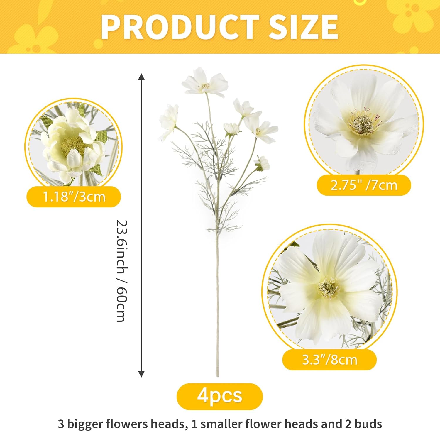 4Pcs Artificial Wild Flower Fake Cosmos With Long Stem Faux Silk Flowers For Wedding Bridal Bouquet Wreath Table Centerpiece Outdoor Decor (White)