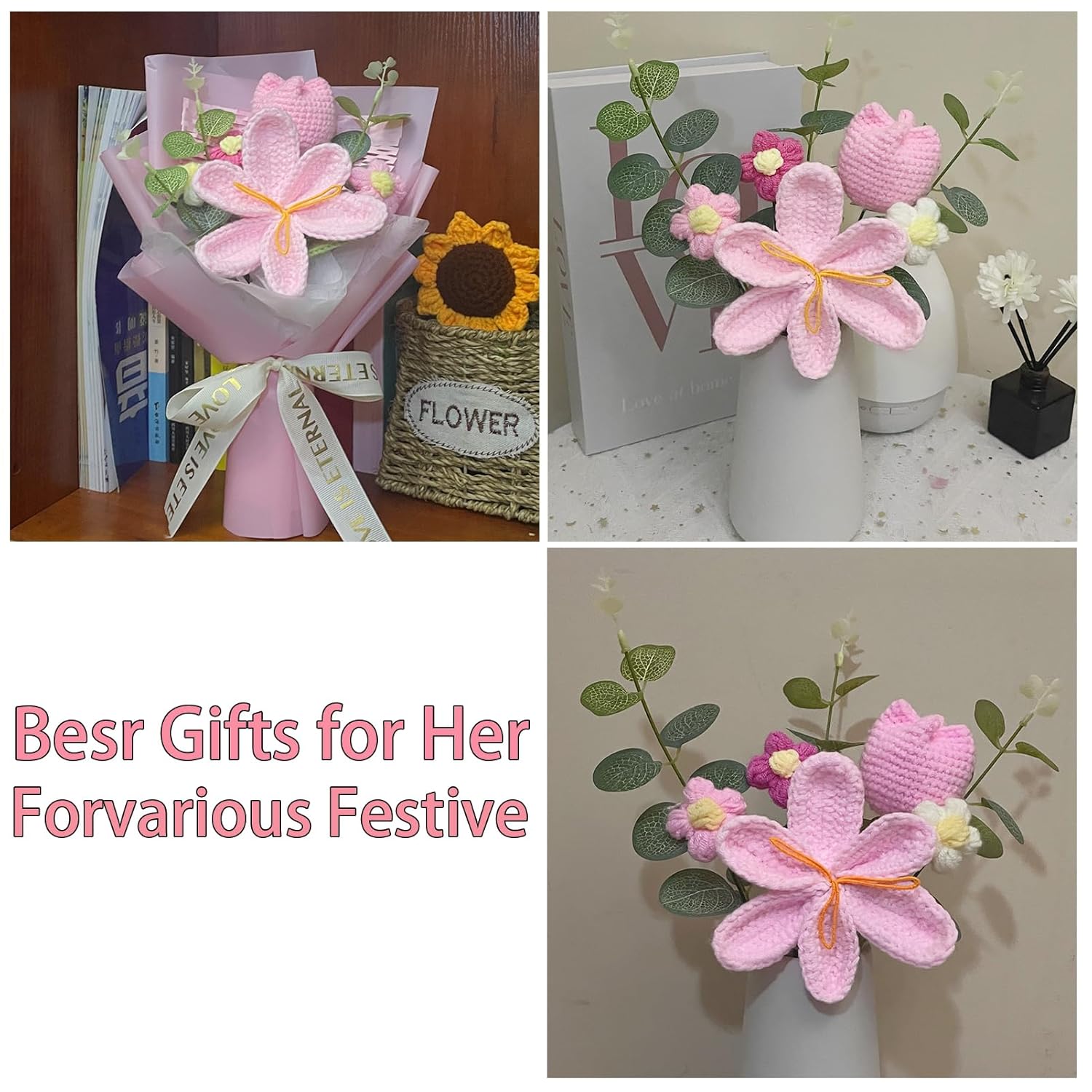 Crochet Flower Bouquet - Handmade Crochet Tulip Flowers For Graduation, Birthday, Home Decor (Pink)