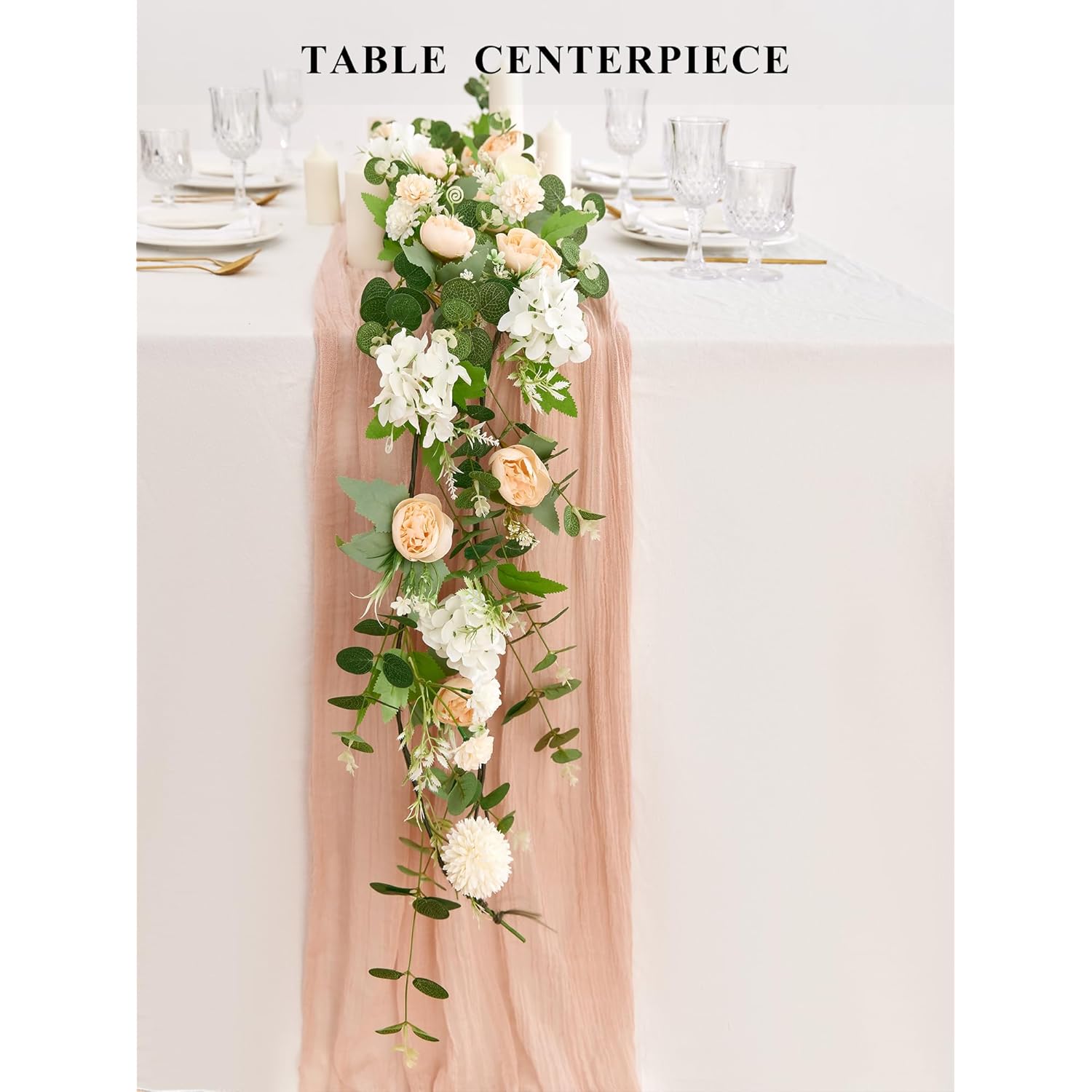 5.9Ft Eucalyptus Garland With Flowers, Artificial Fake Flower Greenery Spring Garland For Baby Shower Wedding Mantle Table Centerpiece Spring Decor