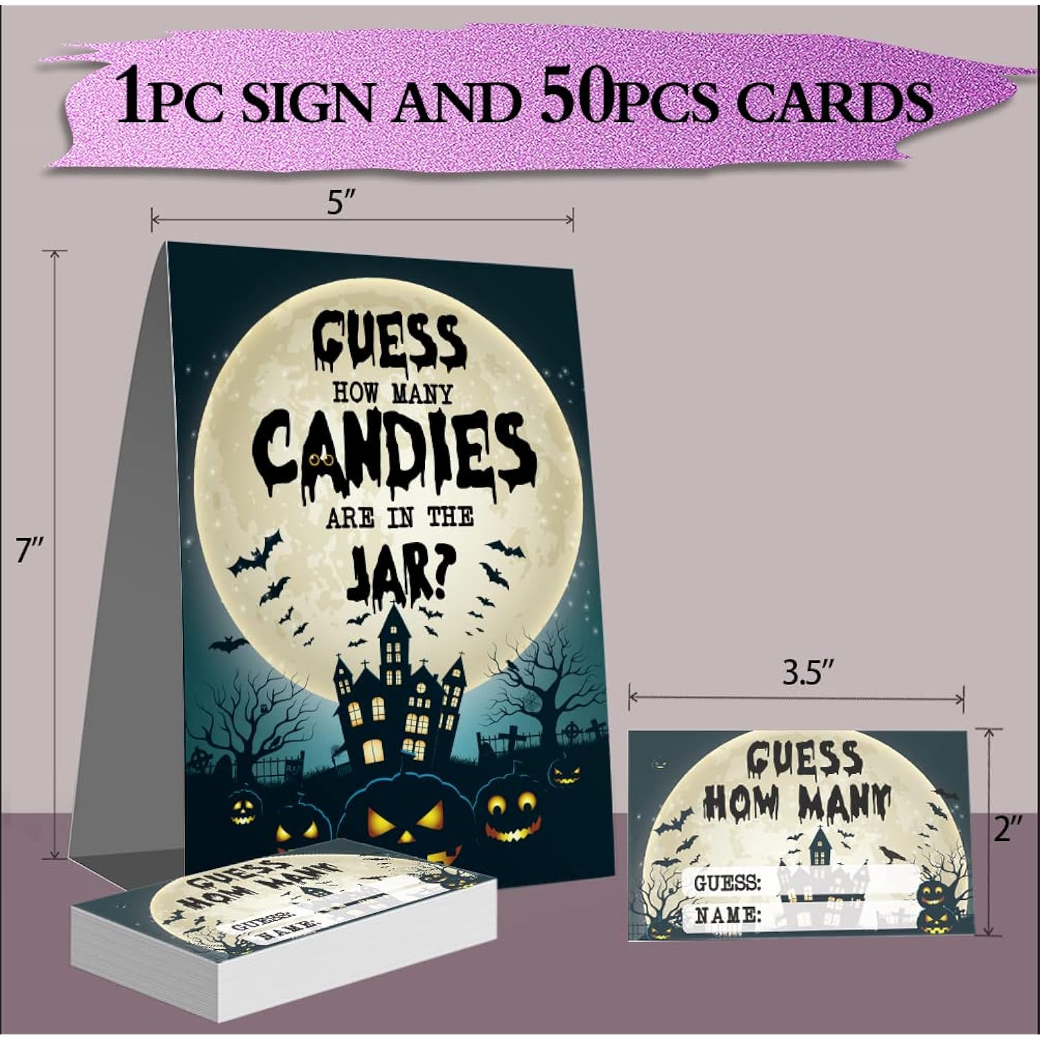 Guess How Many Candies Are In The Jar, Pumpkin Halloween Theme Insertion Ticket (1 Standing Sign + 50 Guessing Cards), Baby Shower Game Decoration Set