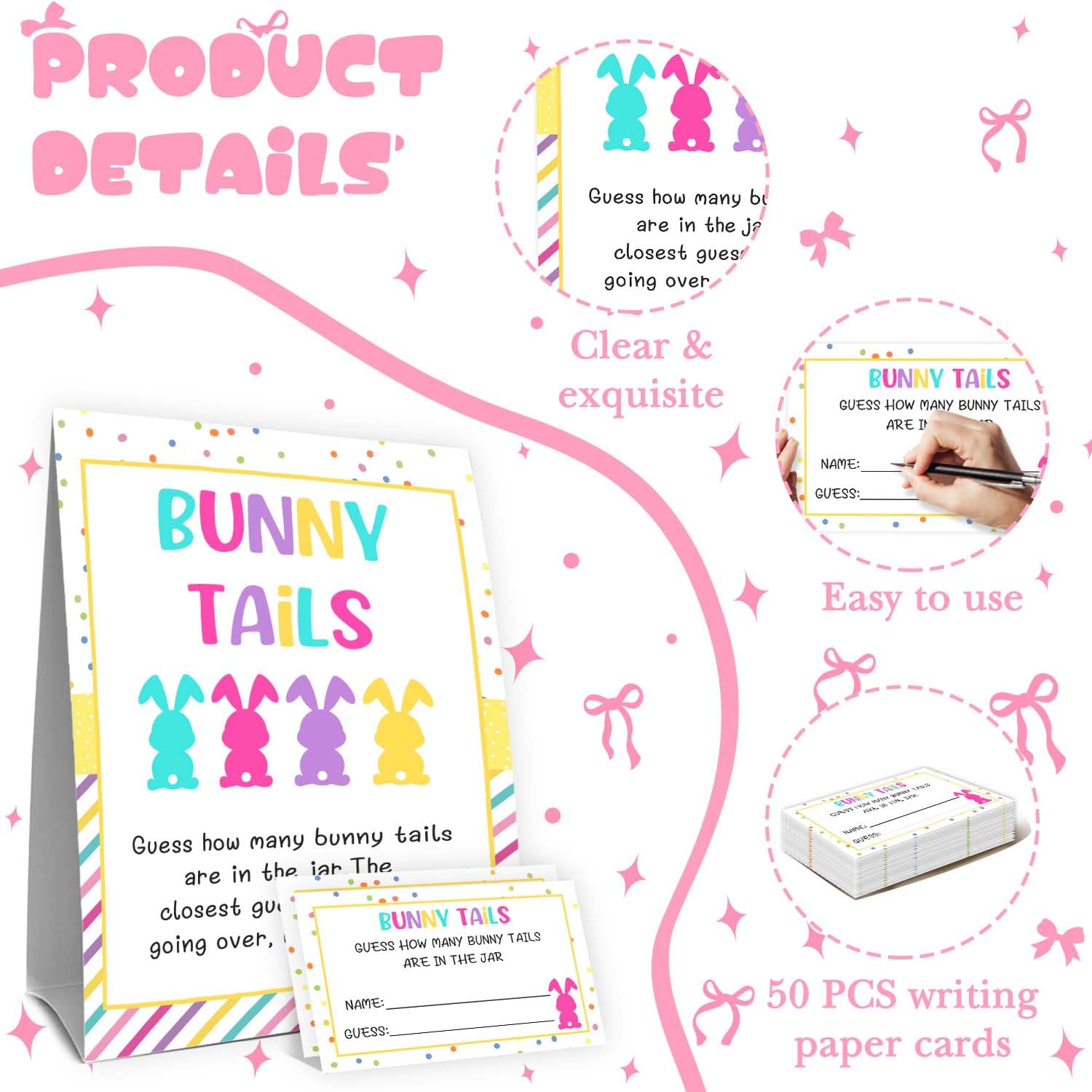 Guess How Many Easter Party Games,Easter Games For Kids,Bunny Tails Are In The Jar,Adults Family Large Groups,Birthday Party Game & Activities 50 Cards And Sign