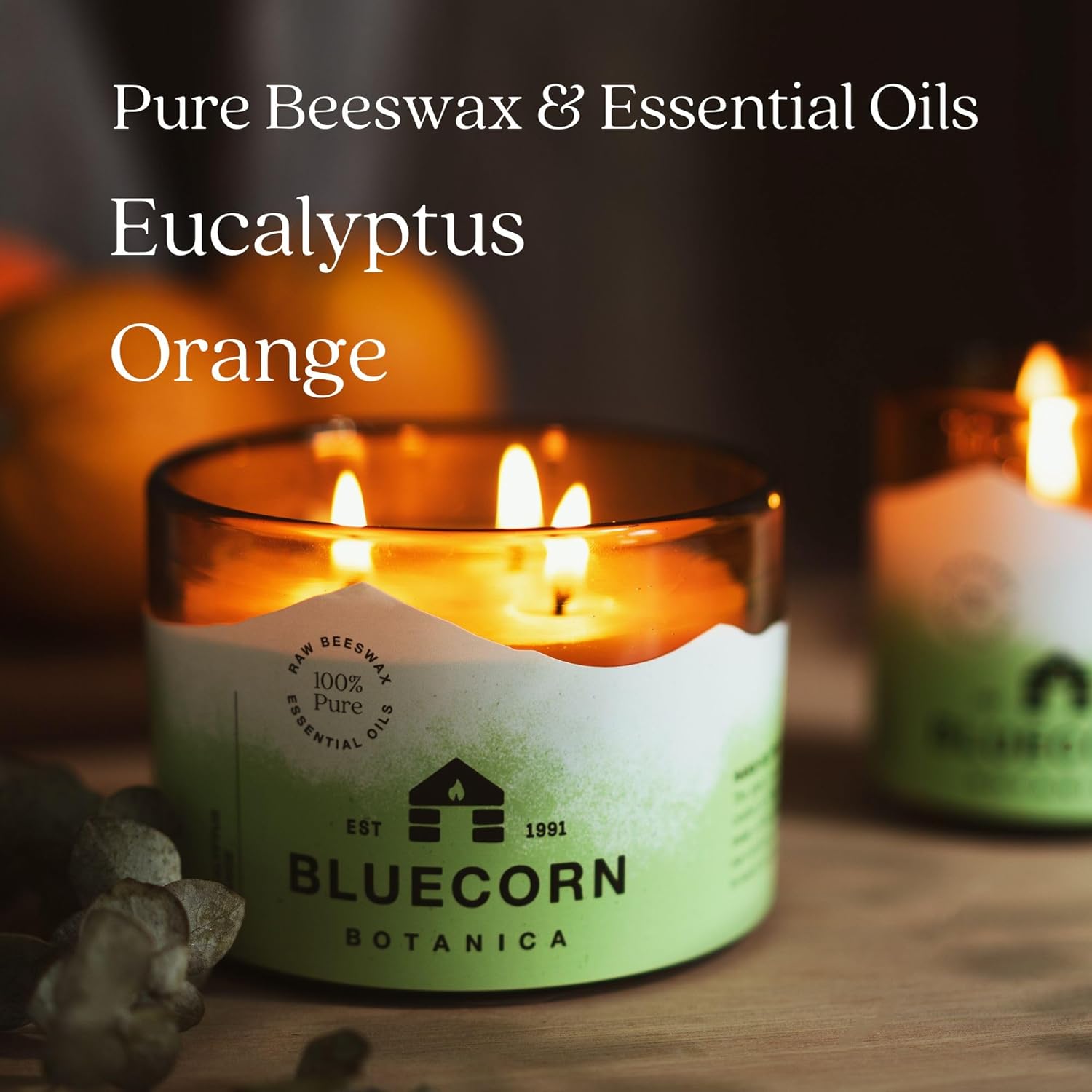Large 3-Wick Candle, 100% Pure Beeswax With Eucalyptus & Orange Essential Oils, Amber Glass, Soy Free, Clean Burning Candle Wax, Long Lasting, Home Decor, American Made, 8 Oz, 1 Count