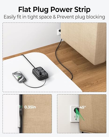 USB C Power Strip Surge Protector 6 Outlets 4 USB Ports 5FT Flat Plug Wall Mount