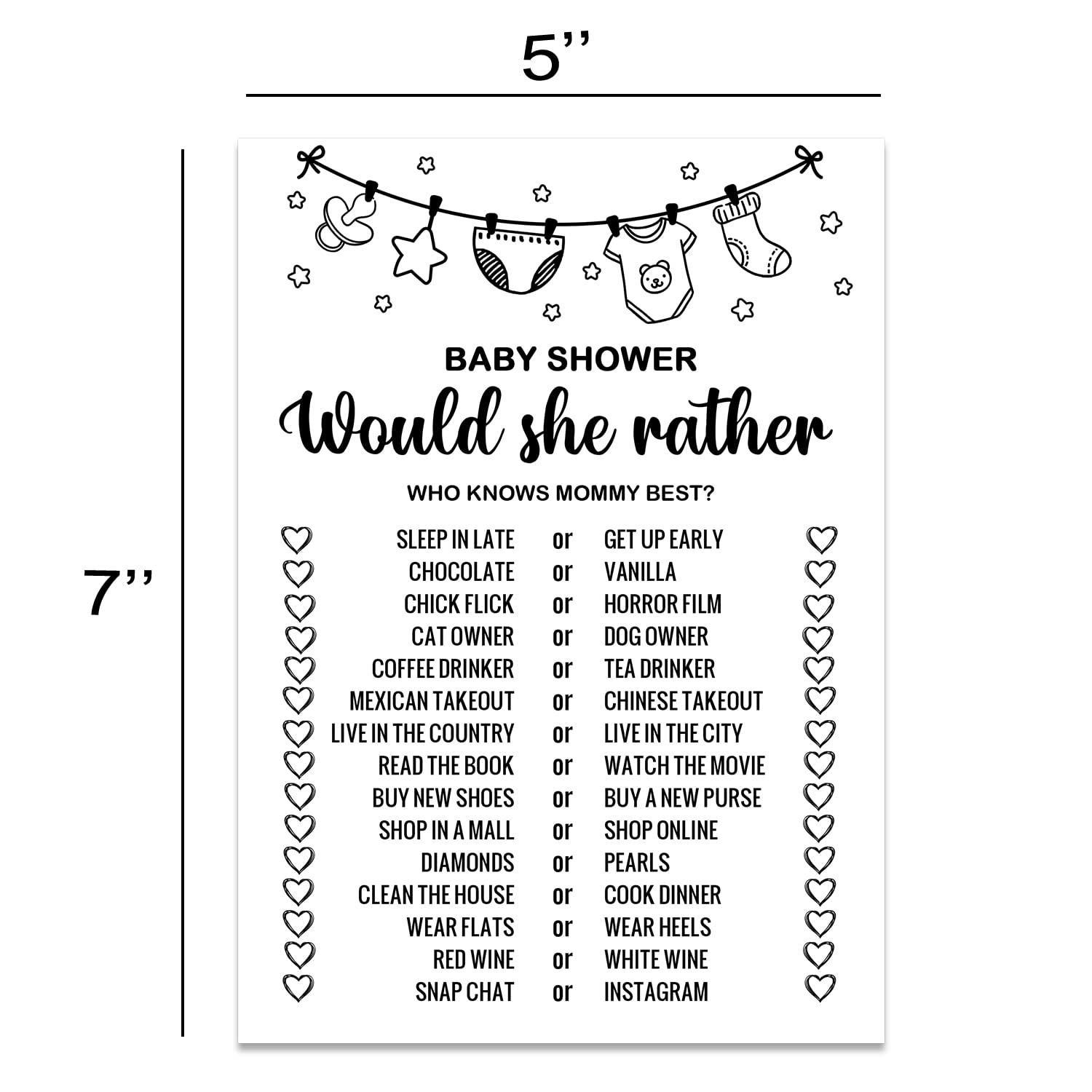 Baby Shower Game Cards - Would She Rather Set Of 30 Cards - Rustic Bridal Wedding Or Bachelorette Party Ideas