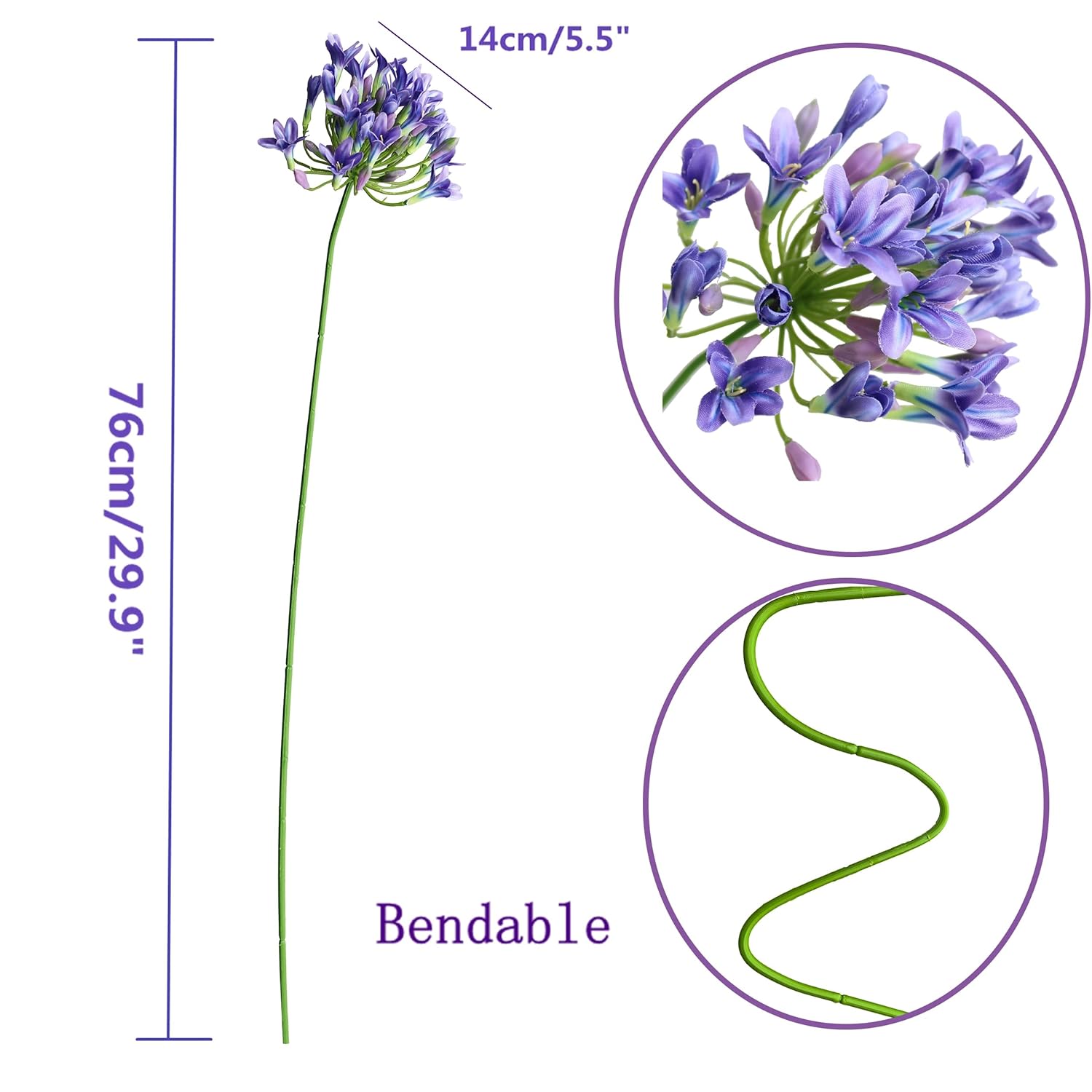 6Pcs Artificial Agapanthus Flowers Long Stems Silk Lily Flowers For Home Hotel Flower Arrangement Party Decor (White Purple)