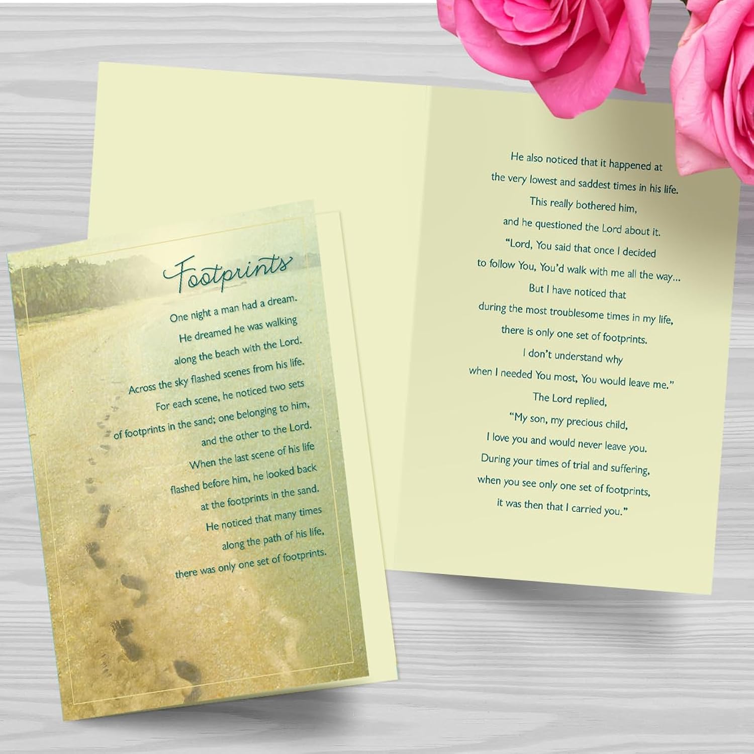 Religious Encouragement Cards, Footprints In The Sand (6 Cards With 6 Green Envelopes)