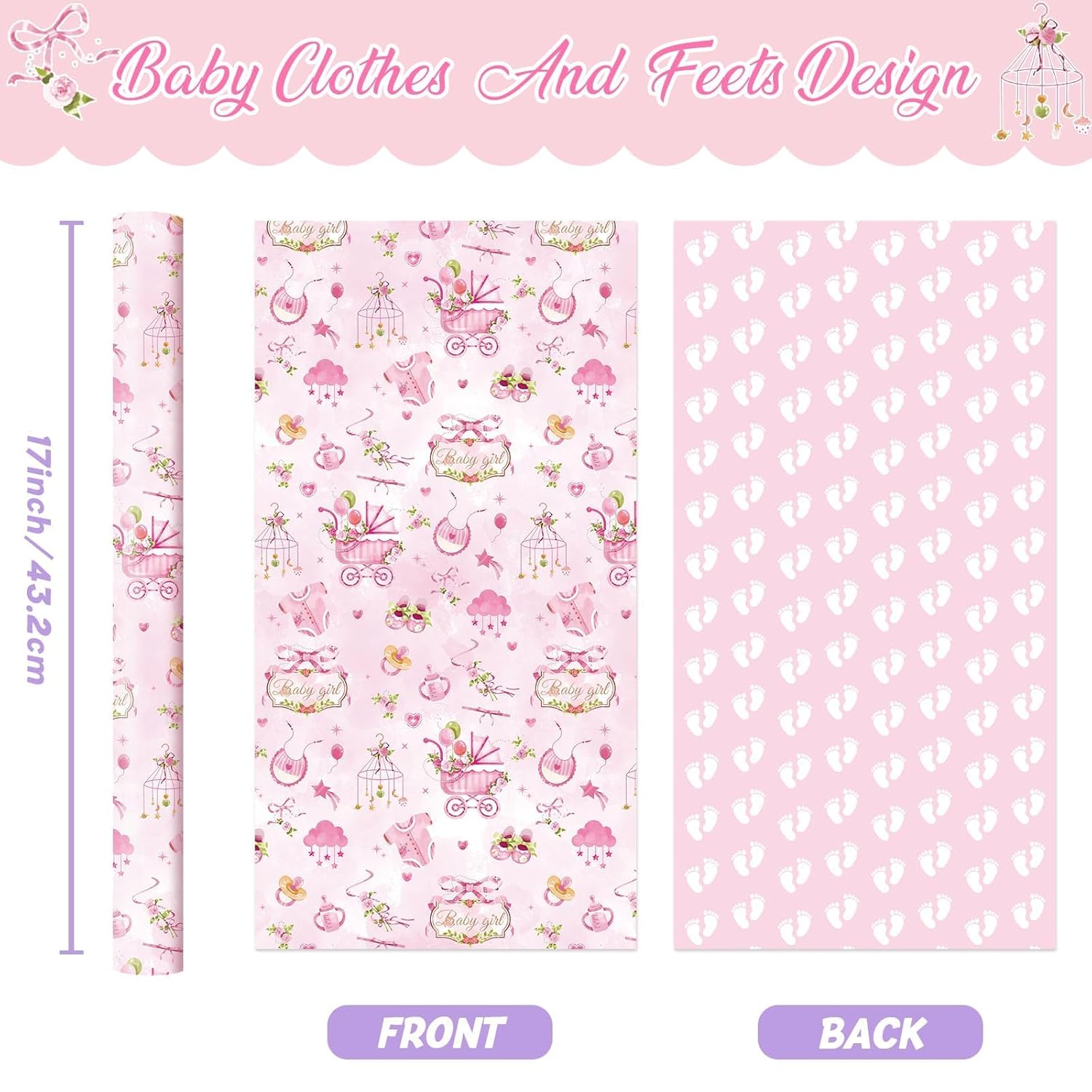 Baby Girl Wrapping Paper Roll - 1 Roll 17” X 9.8 Ft Baby Shower Wrapping Paper For Birthday Party Pink Girl Gift Packing Supply Baby Shower Design Reversible Footprint Print