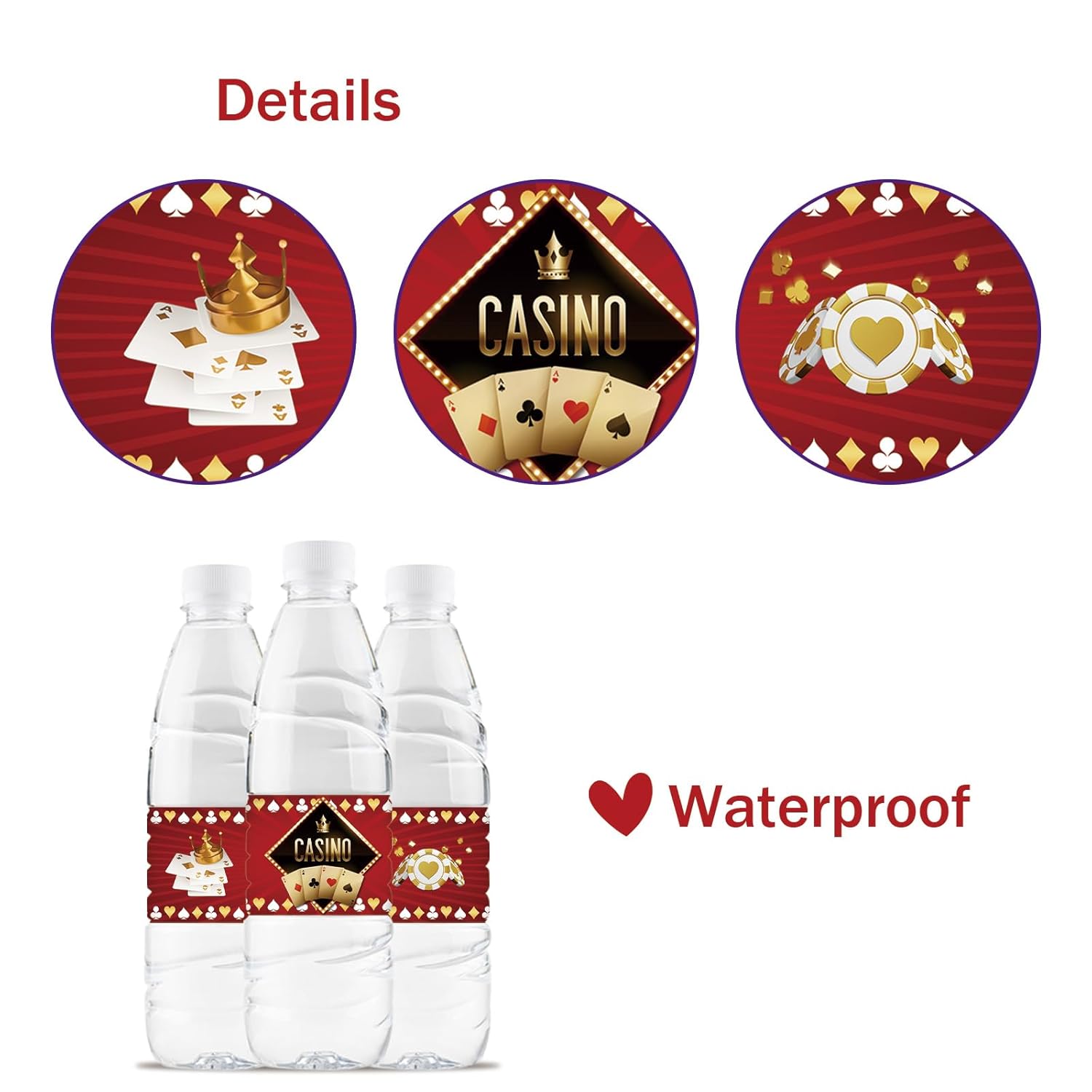 32 Pcs Casino Night Party Water Bottle Labels, Poker Card Birthday Water Bottle Labels, Las Vegas Party Bottle Wrappers, Casino Game Themed Birthday Party Decorations - Red Glitter