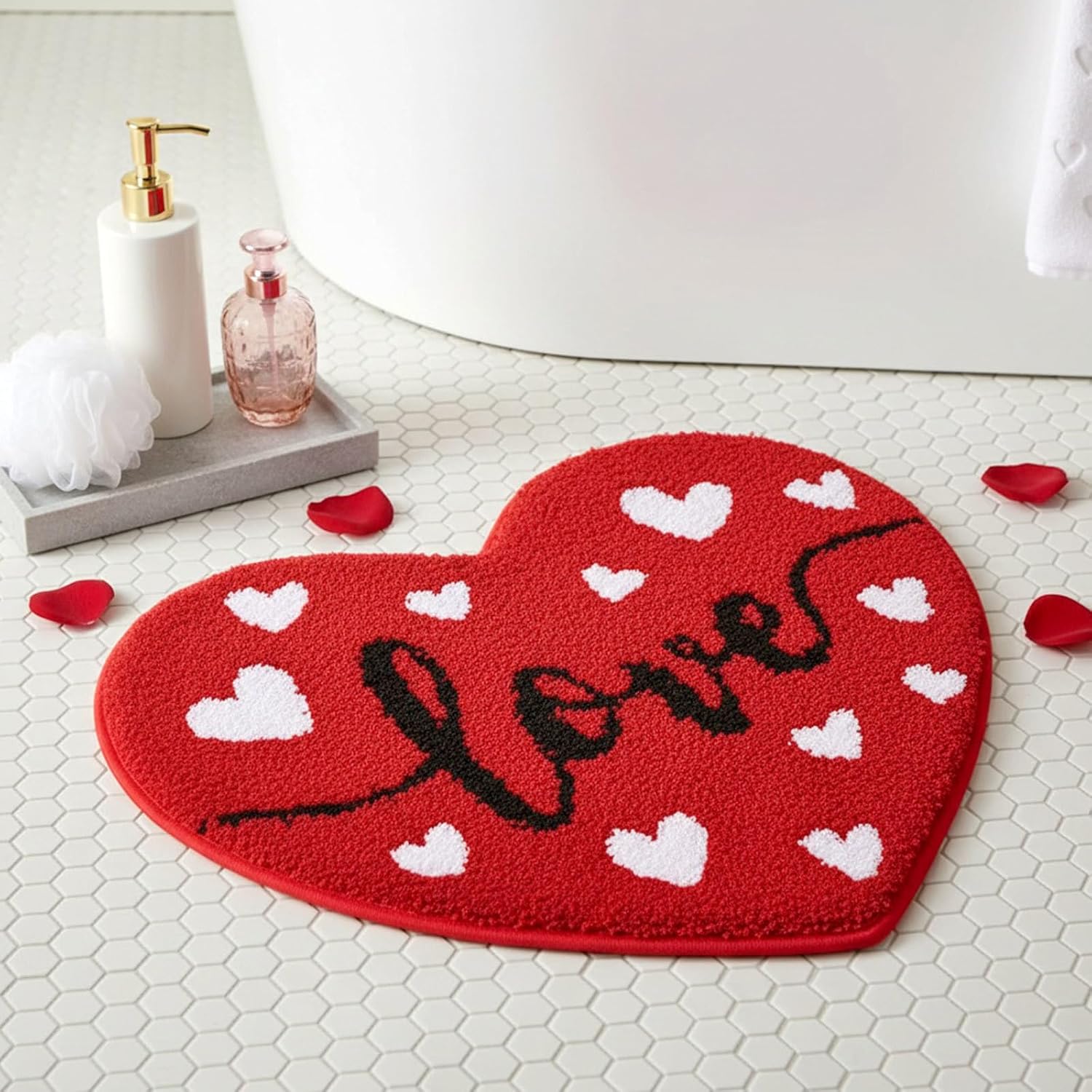 Valentines Day Bath Rug Heart Shaped Non Slip Mat Indoor Entryway Floor Rug For Entrance Outside Home Kitchen Living Room Bathroom Decor 23.6”X23.6”