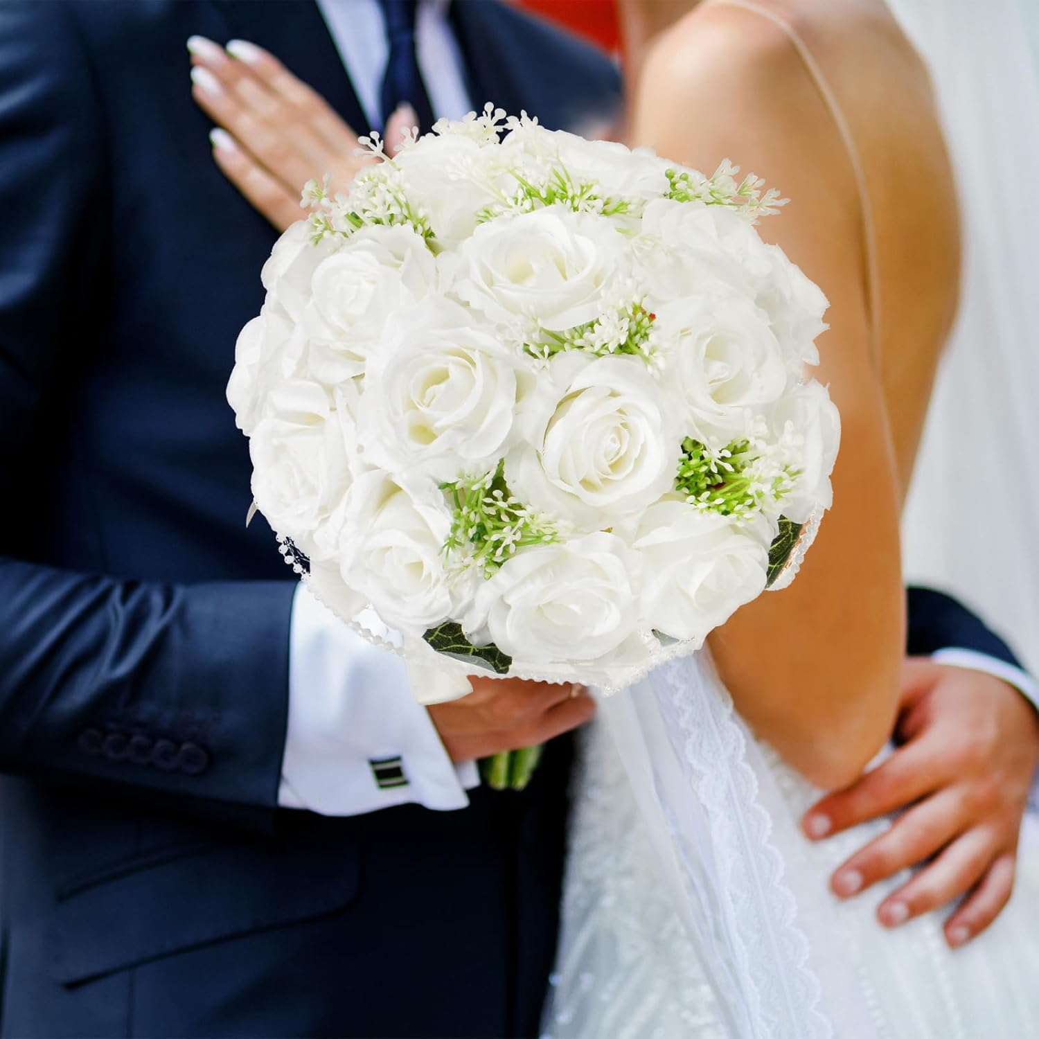 Wedding Bouquets For Bride, Artificial Flower Bouquet For Wedding Bridal Bouquets For Bride/Bridesmaid, Bouquets With Silk Ribbon [White]