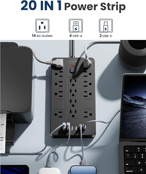 Surge Protector Power Strip 14 Outlets 6 USB Ports 6FT Flat Plug Extension Cord 1850J Black