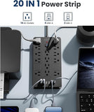 Surge Protector Power Strip 14 Outlets 6 USB Ports 6FT Flat Plug Extension Cord 1850J Black