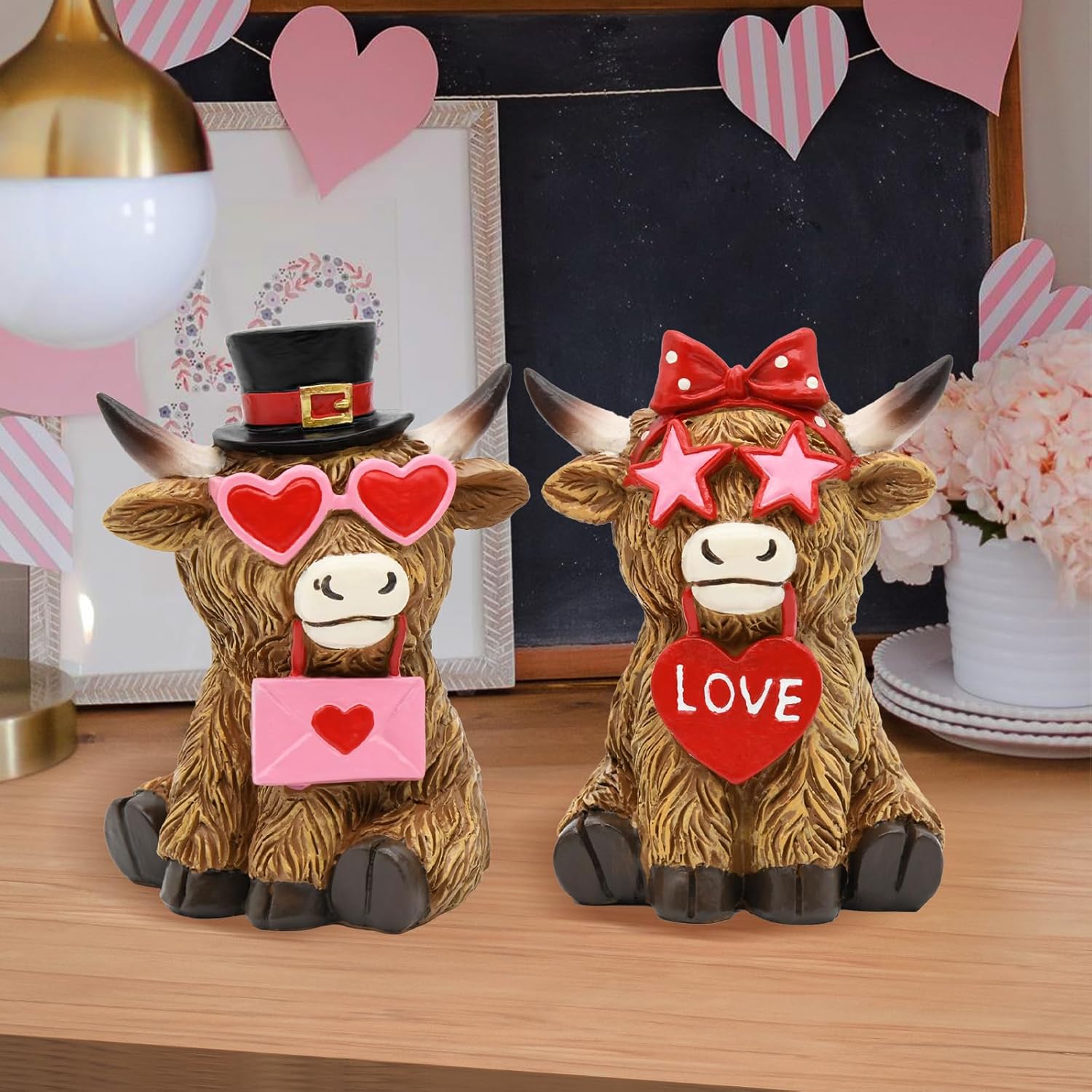Valentine'S Day Highland Cow Decor, Valentine'S Day Love Heart Highland Cow Figurines, Valentines Farmhouse Table Kitchen Tiered Tray Decorations For Home, Romantic Gifts Valentines