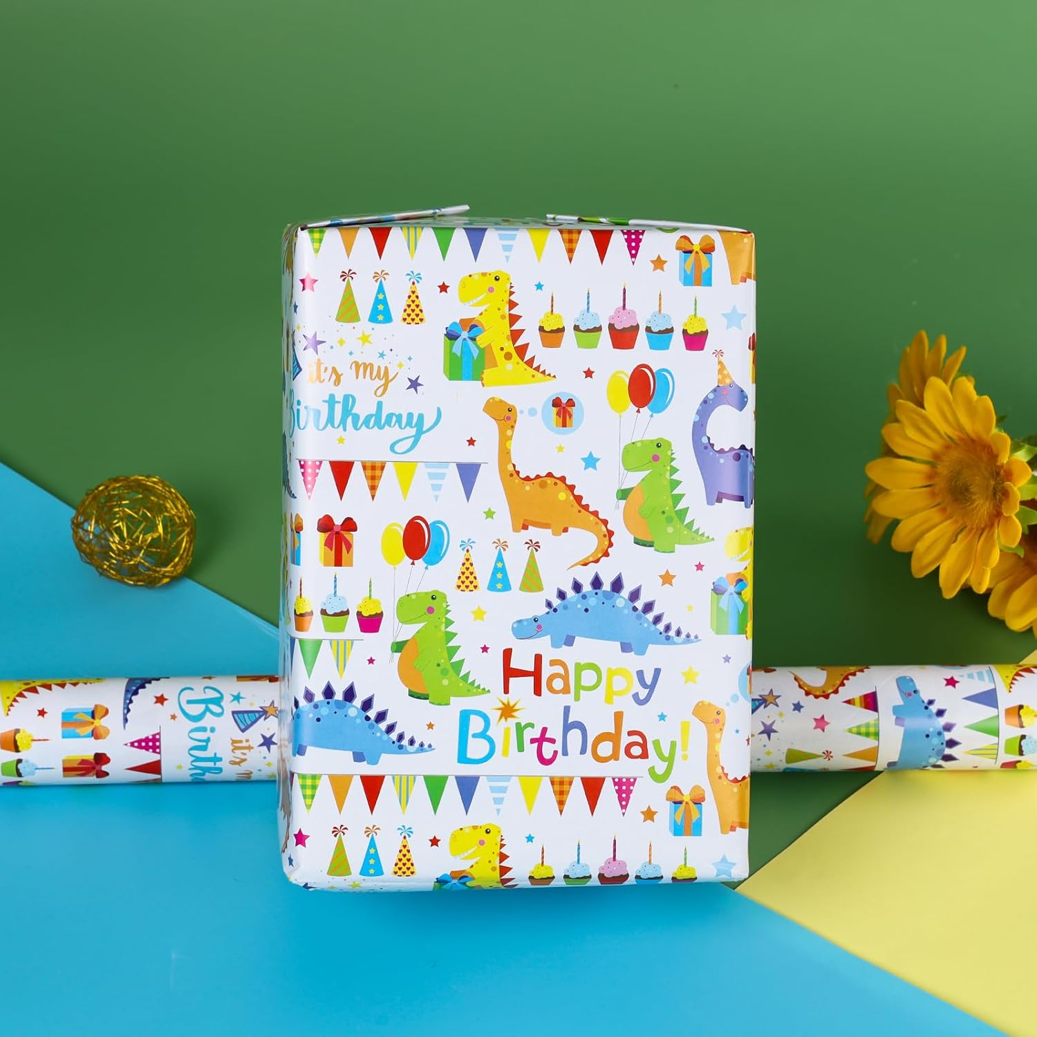 Dinosaurs Wrapping Paper Roll 17 Inch X 10 Ft Mini Roll Happy Birthday Wrapping Paper Rolls For Boys Girls Kids Cute Colorful Dino Gift Wrap Paper For Bday,Party,Holiday,Baby Showers,Christmas