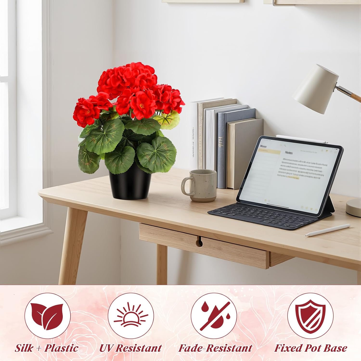 4 Pack Artificial Geranium Flowers For Outdoors Red Silk Flower Uv Resistant Fake Plants Realistic Faux Flowers Outside For Home Kitchen Garden Patio Table Centerpiece (Red)