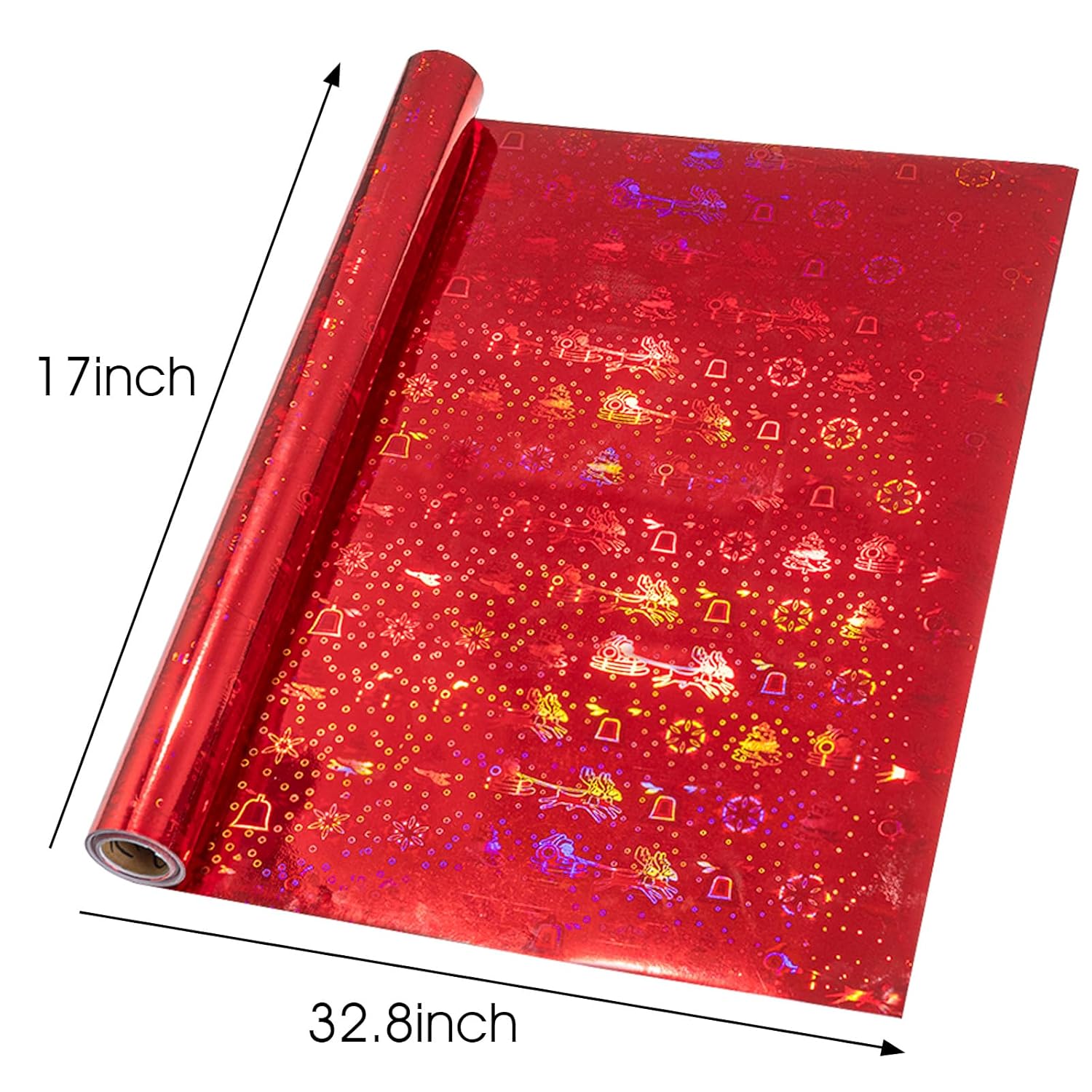 Holographic Wrapping Paper Roll, Thick Gift Wrap Paper Mini Roll 17 Inches X 32.8 Feet - Red Sleigh/Snowflakes/Reindeer/Bells Design For Christmas New Year Holiday