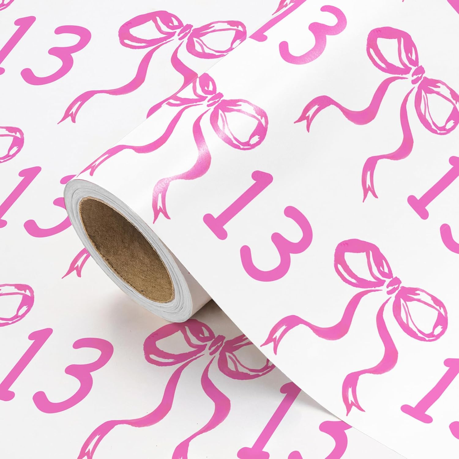 13Th Birthday Wrapping Paper Roll - Mini Roll - 17 Inch X 16.5 Feet - Pink Bow Wrapping Paper For Girls Birthday, Baby Shower, Party