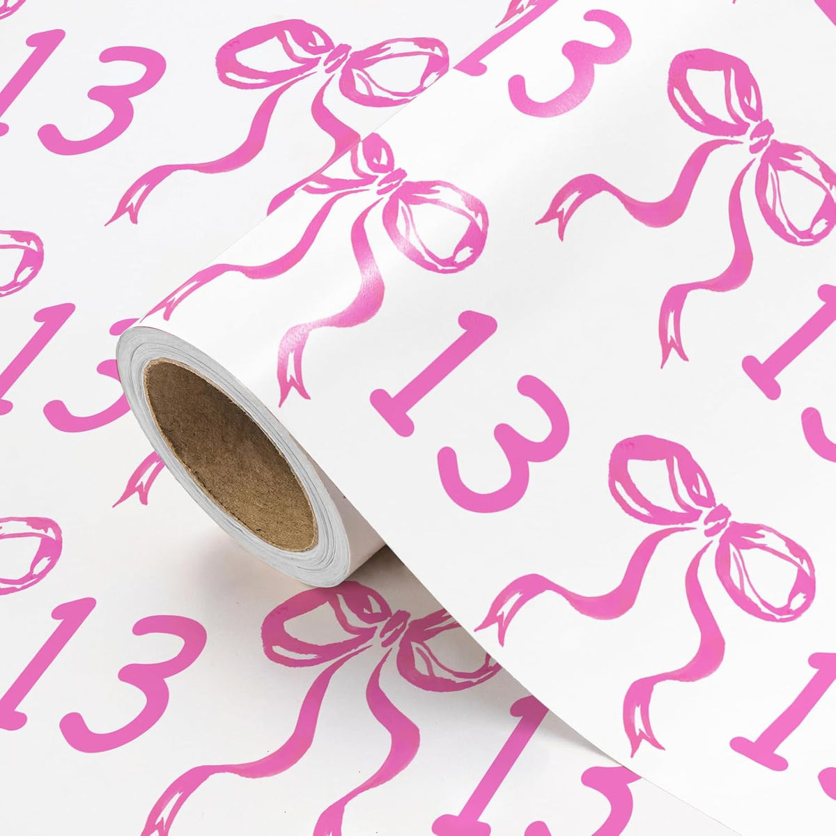 13Th Birthday Wrapping Paper Roll - Mini Roll - 17 Inch X 16.5 Feet - Pink Bow Wrapping Paper For Girls Birthday, Baby Shower, Party