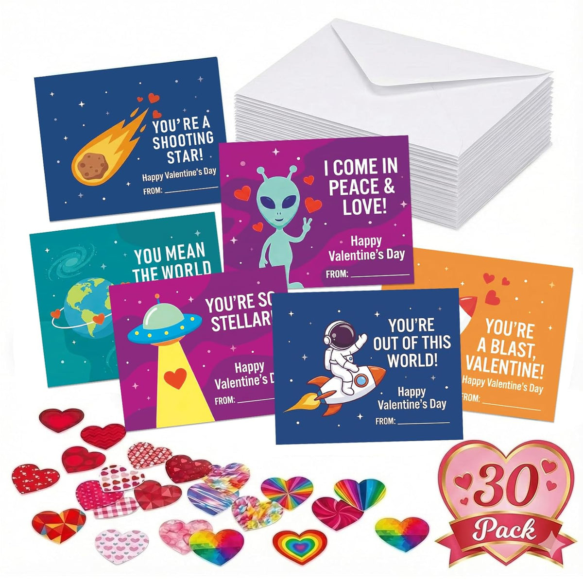30 Pack Space Valentines Day Cards For Kids Classroom - Outer Space Galaxy Planet Greeting Cards With Envelopes & Stickers- Classroom Valentine Exchange Gifts For Boys Girls Kindergarten Preschool