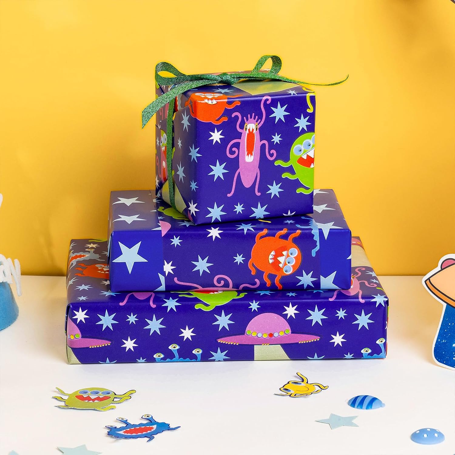 Reversible Space Wrapping Paper Roll, Mini Roll, Cartoon Outer Space, Colorful Alien & White Star Design, Blue Birthday Gift Wrap Paper For Kids Boys, Outer Space Party, 17 Inches X 16.4 Feet