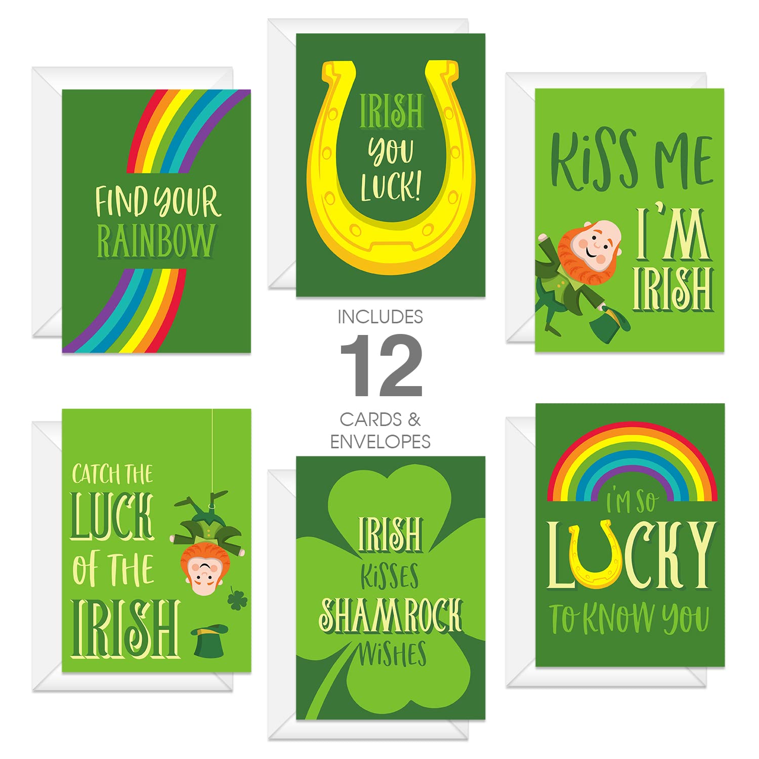 St. Patrick'S Day Card Pack / 5" X 7" Illustrated Shamrock St. Patty'S Cards With White Envelopes / 12 Full Color Lucky Leprechaun Greeting Cards/Made In The Usa