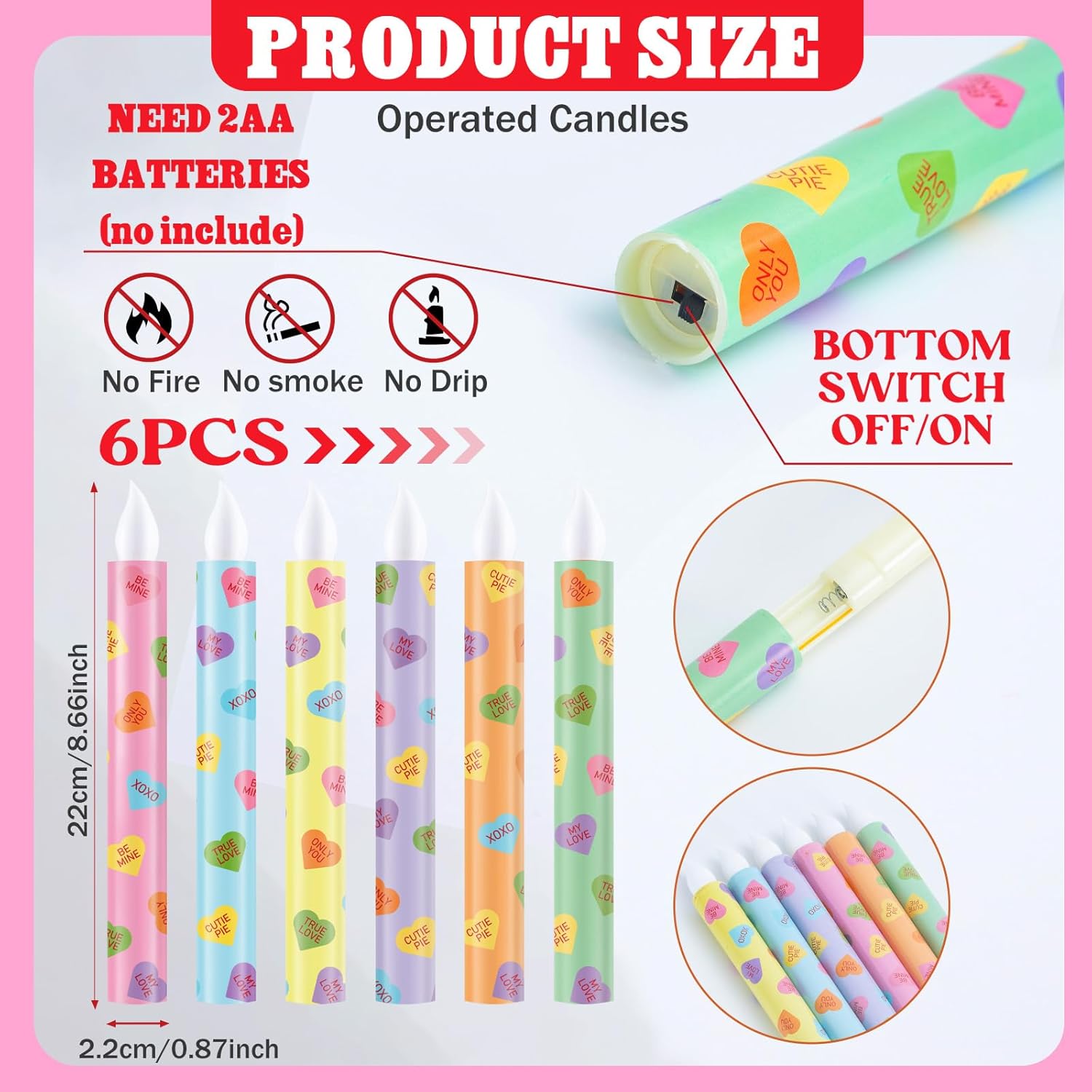 6 Pcs Valentines Day Flameless Taper Candles 8.7 Inch Candy Conversation Heart Battery Operated Led Candlesticks For Valentines Day Home Party Decor Anniversary Wedding Supplies