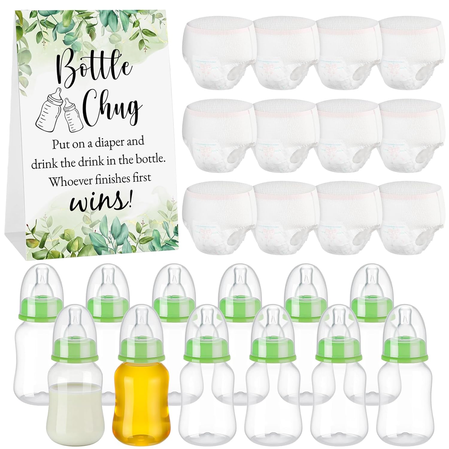 12 Set Bottle Chug Baby Shower Games Favors Funny Diaper Change Game Including Plastic Baby Bottles Chug Disposable Diapers Themed Sign For Gender Reveal Party Supplies(Green,Greenery)