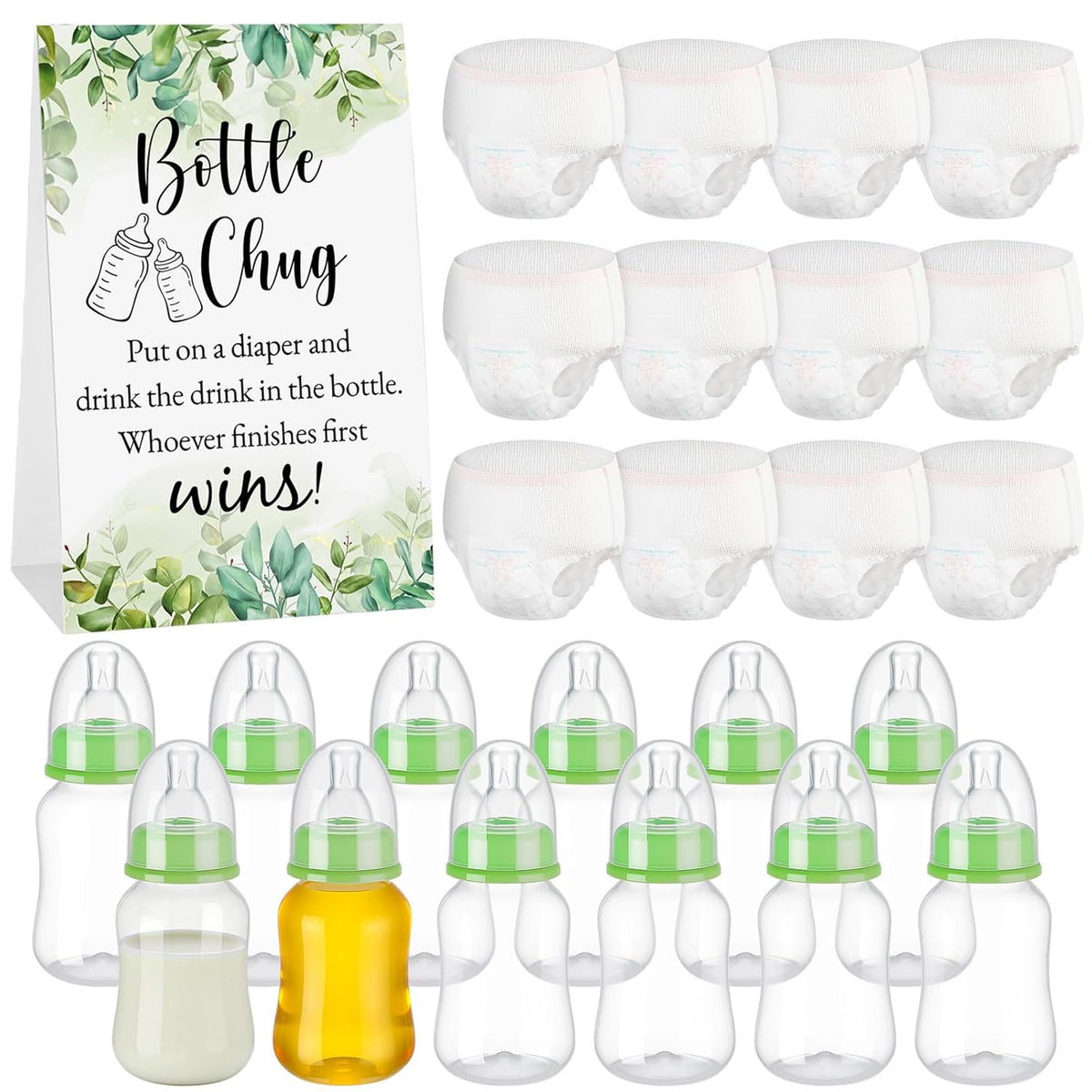 12 Set Bottle Chug Baby Shower Games Favors Funny Diaper Change Game Including Plastic Baby Bottles Chug Disposable Diapers Themed Sign For Gender Reveal Party Supplies(Green,Greenery)