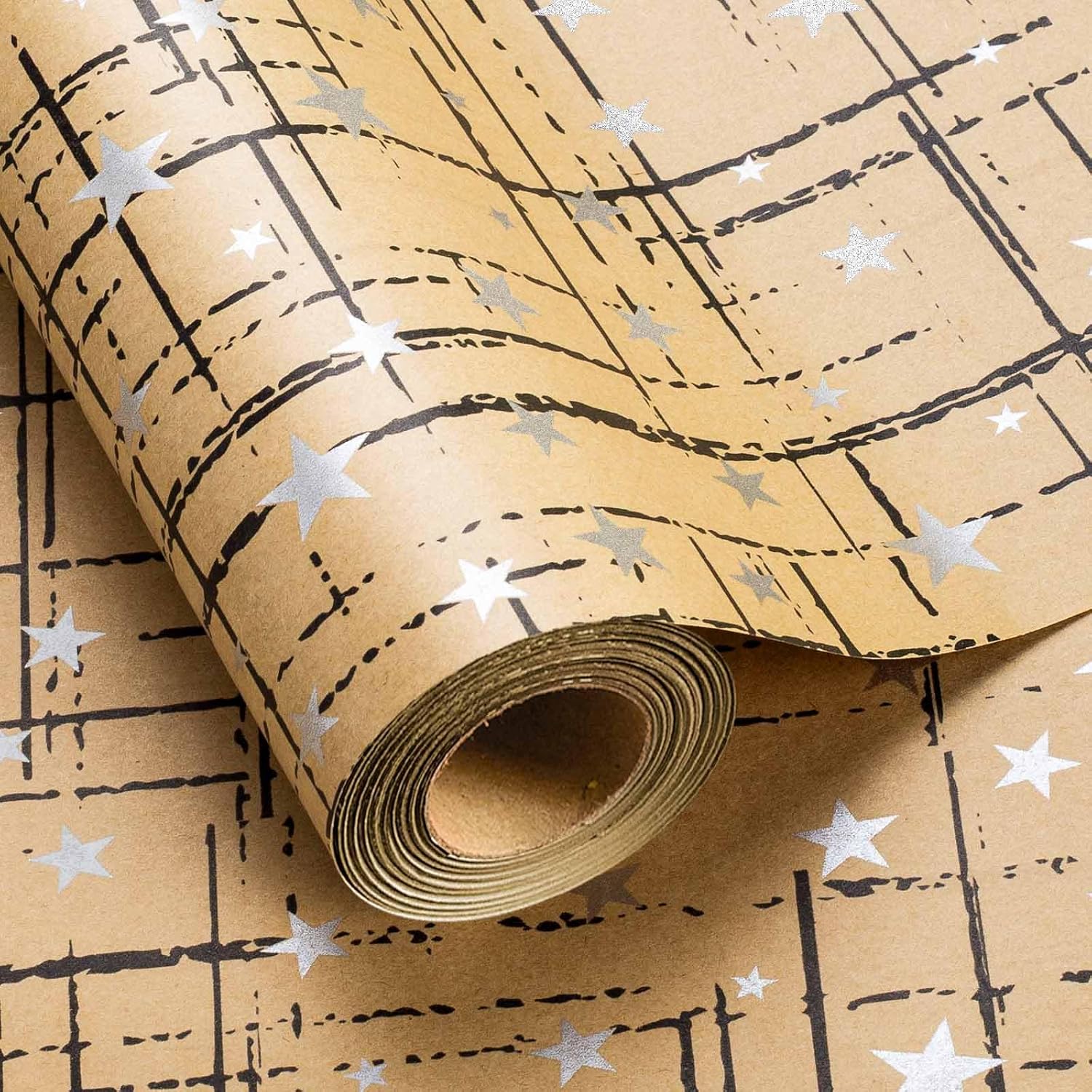 Kraft Gift Wrap Roll -17 Inch X 32.8 Feet -Metallic Silver Stars With Unique Irregular Plaid Gift Wrap Paper Design For Christmas, Holiday, Party, Celebration