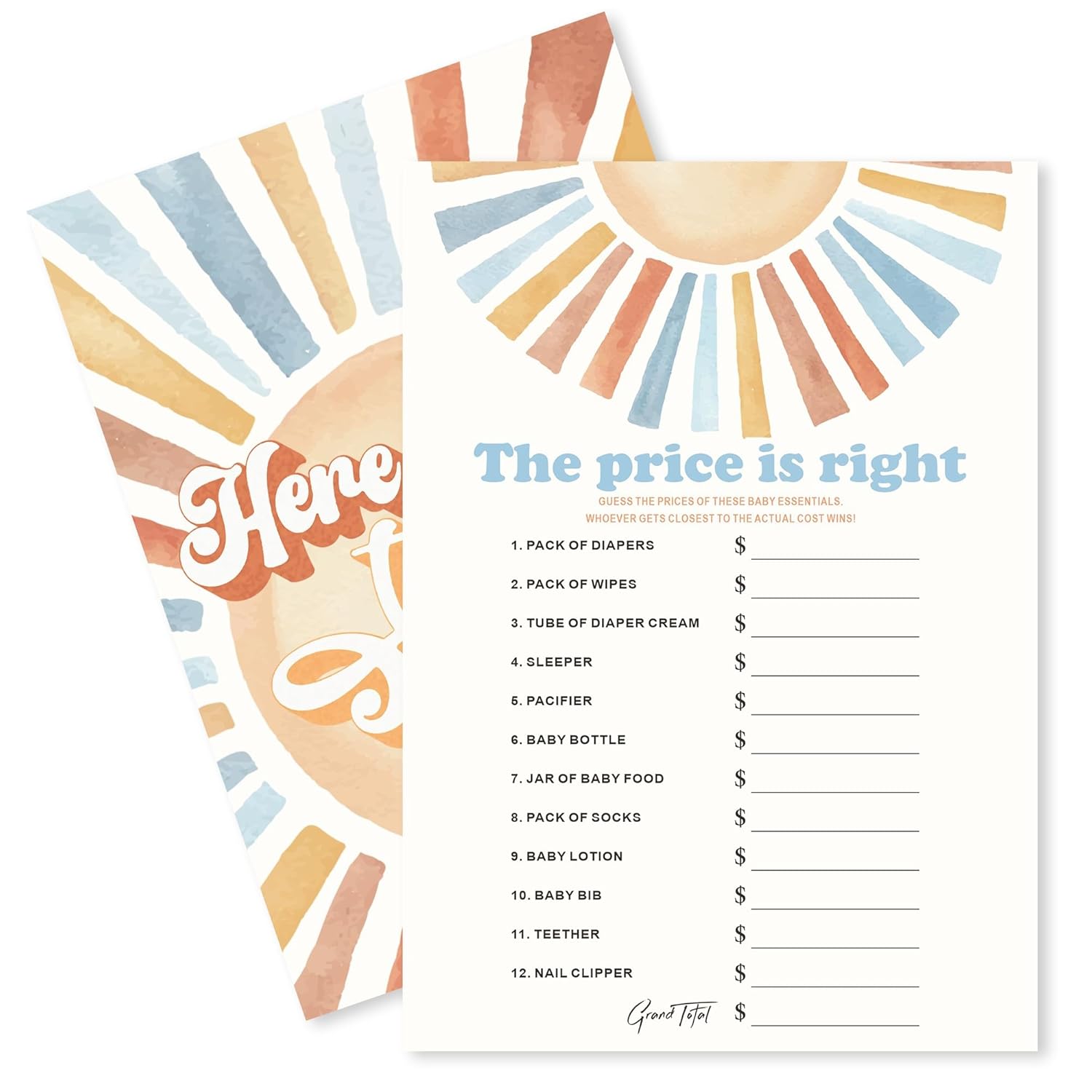 Sunshine Fill In Baby Shower Game Cards - Here Comes The Son - The Price Is Right Game For Boys - Baby Announcement Gender Reveal Baby Shower Party Activities For New Parents To Be - A04