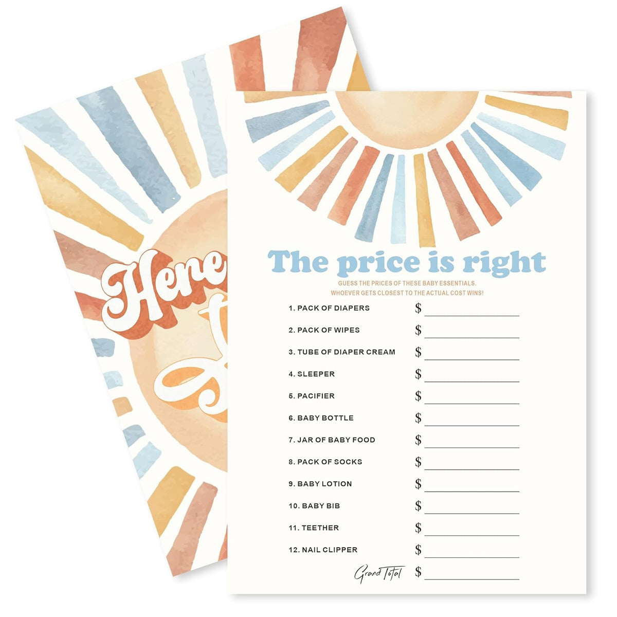 Sunshine Fill In Baby Shower Game Cards - Here Comes The Son - The Price Is Right Game For Boys - Baby Announcement Gender Reveal Baby Shower Party Activities For New Parents To Be - A04