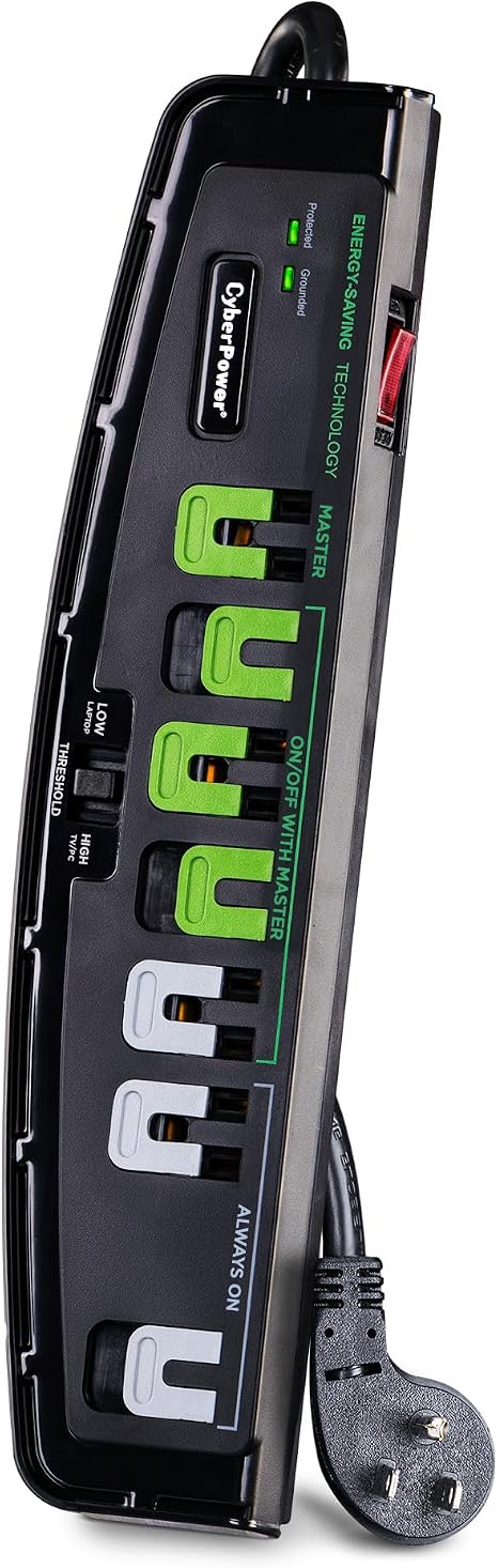 Black and Green Energy Saving Surge Protector Power Strip with 7 Outlets and 5FT Cord