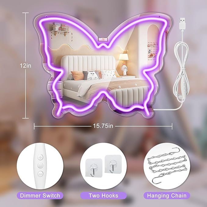 Butterfly Neon Sign Mirror Purple LED Wall Light USB Dimmable Bedroom Decor for Girls Kids