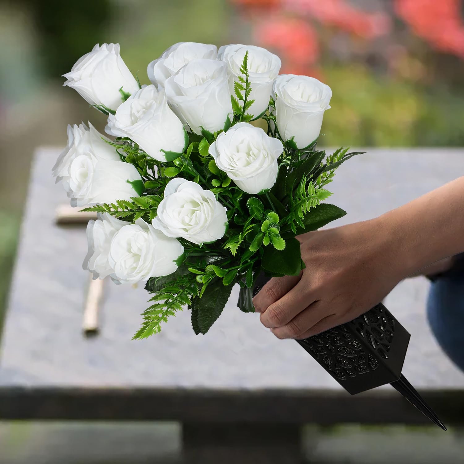Artificial Cemetery Flowers, Grave Memorial Flowers, Set Of 2 Artificial Rose Bouquet With Vase For Cemetery Headstones Gravesites Decoration (White)
