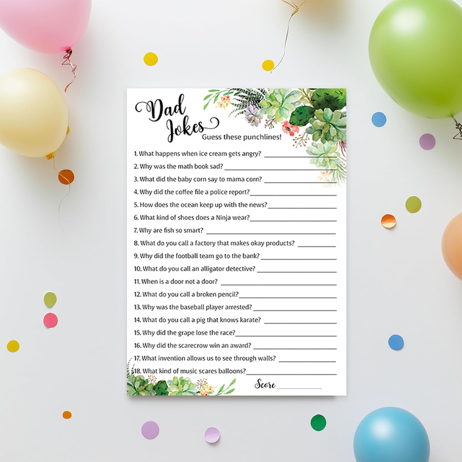 Succulents Dad Jokes Baby Shower Games, Daddy Jokes Shower Games — Pack Of 25 — Fun Dad Joke Game, Greenery Gender Neutral Funny Joke Trivia, Sprinkle Gender Reveal Party, Sip See, Birthday G300-Djk