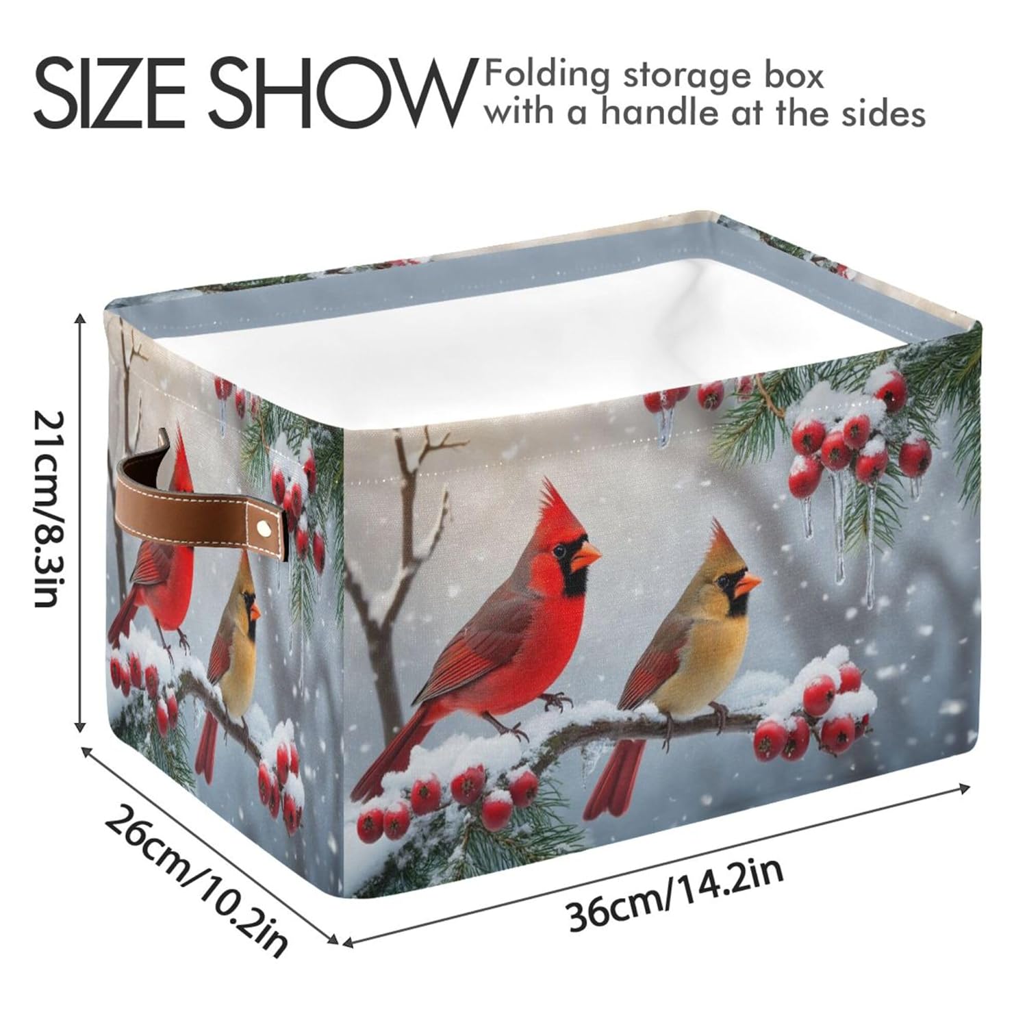 Winter Cardinal Birds Snow Storage Basket Fabric Laundry Baskets Christmas Tree Holly Berry Branches Storage Boxes Organizer Bag For Baby Cloth Dog Toy Book Storage Cubes Shelf Closet Bins 16×12×8