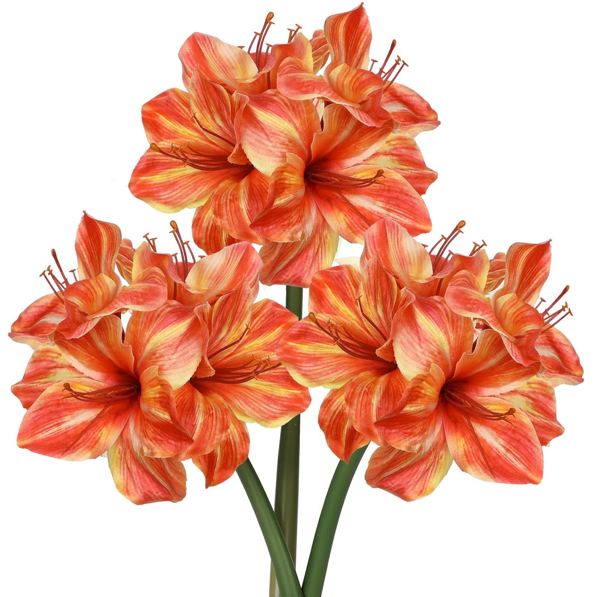 3Pcs Amaryllis Artificial Flowers 17.3 Inch Faux Amaryllis Flowers Stems With 4 Heads Silk Floral Bouquet For Home Room Vase Table Centerpiece Wedding Party Arrangement(Orange)
