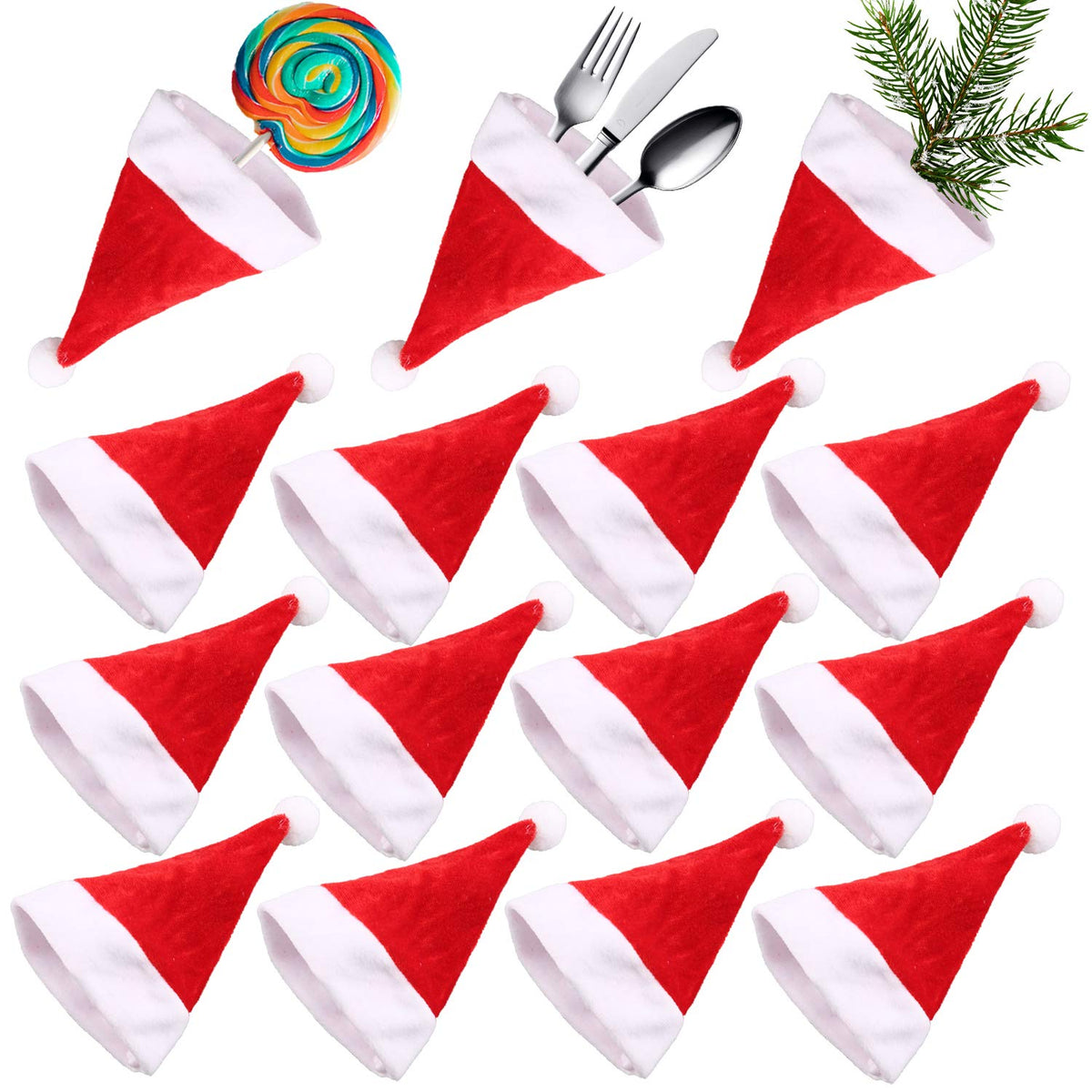 15Pcs Mini Santa Hats Tiny Christmas Hats Table Decoration For Cup Bottles Covers, Silverware Holders, Candy Socks (5.5 X 4.3 Inches)
