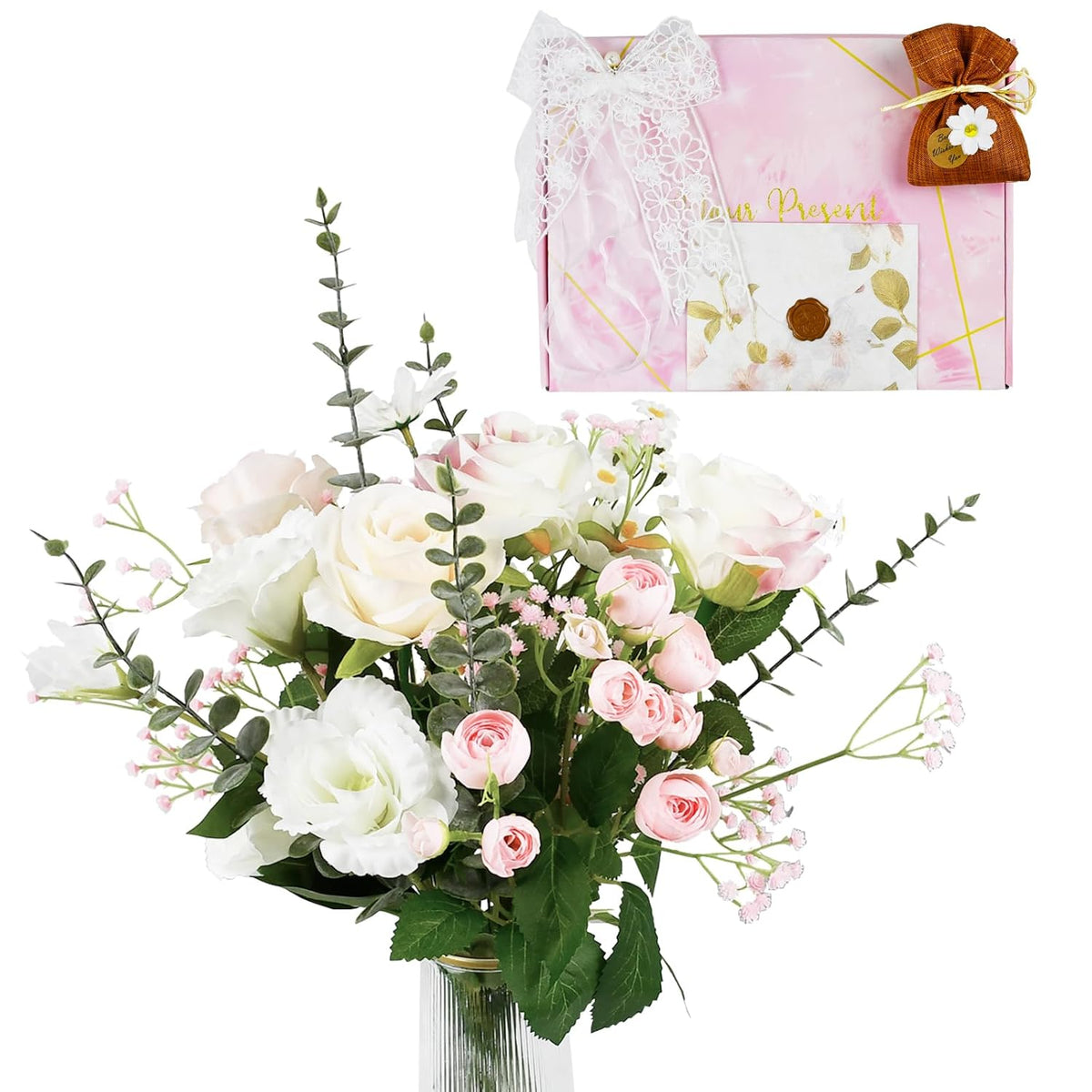 Realistic 15"-17" Artificial Spring Flowers Rose Bouquet W/ Rose-Scented Sachet, Fake Flowers Rangement Silk Floral Pre-Arranged Bundles, Chamomile, Daisy, Camellia, Table Decor, Wedding, Gift Package