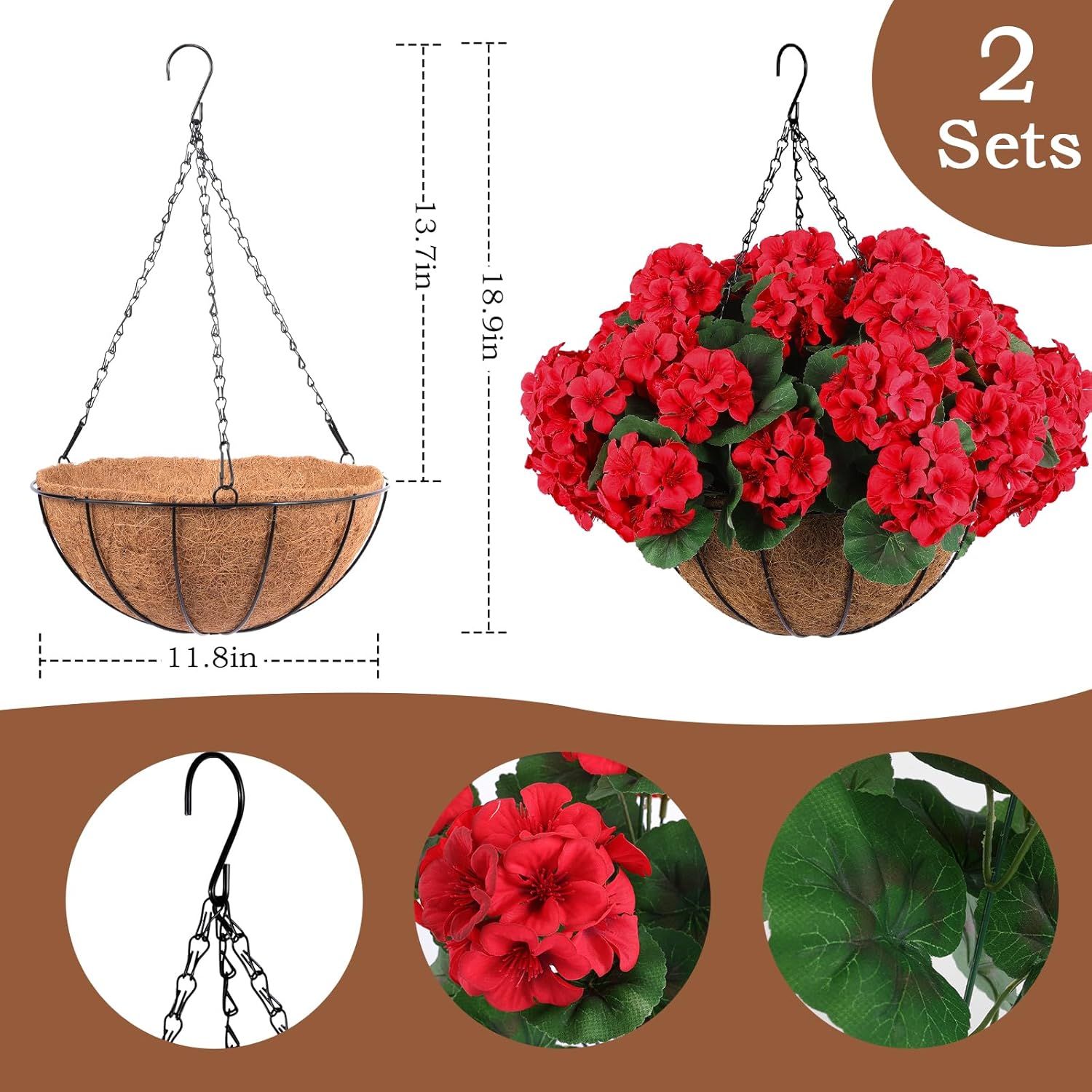 2 Set Artificial Red Geraniums Flowers For Outdoors With Hanging Baskets, 2 Hanging Planters With 12 Pcs Red Geranium Flowers For Christmas Front Porch Garden Patio Home Decor (2, Red)