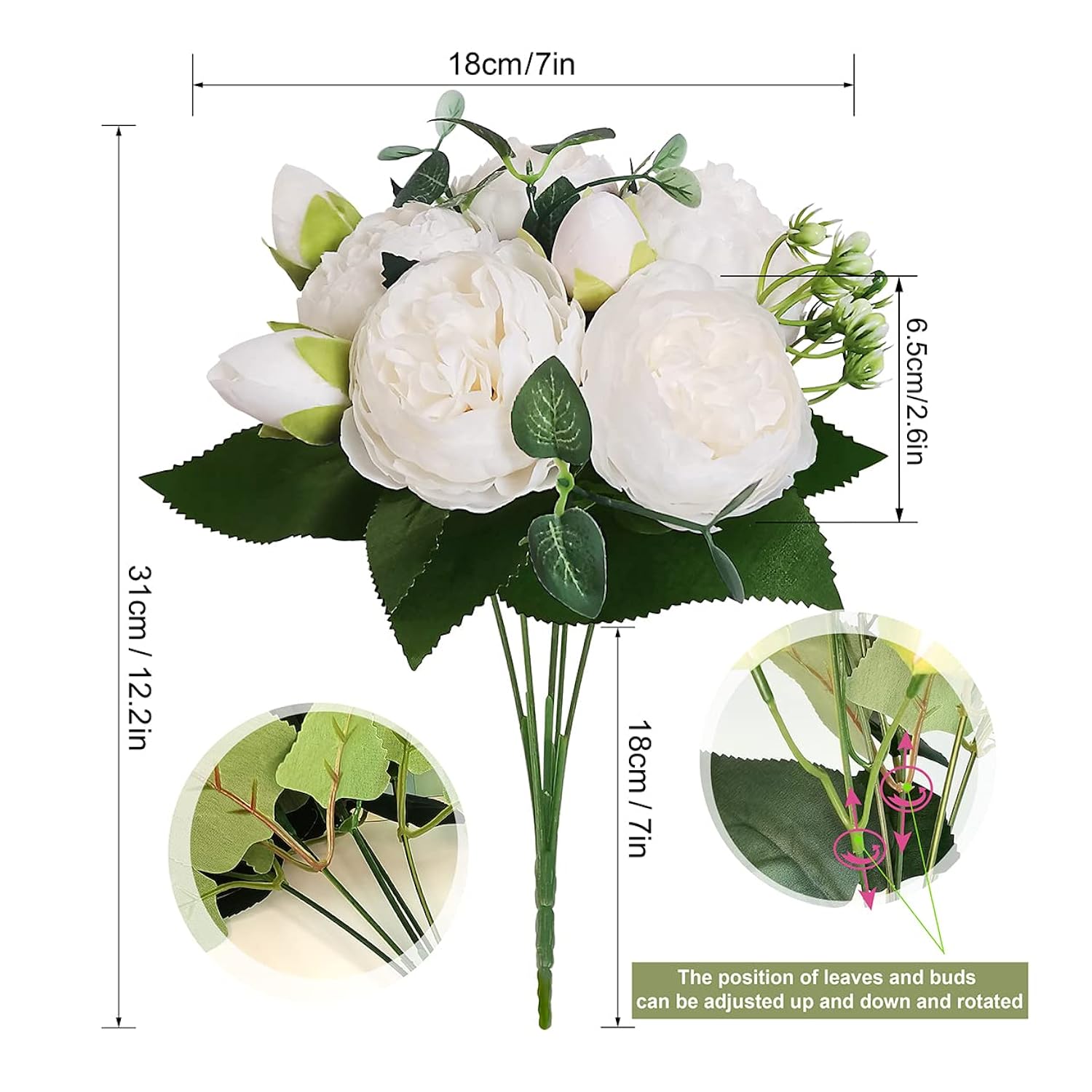 Peonies Artificial Flowers 4 Pcs Peonies Bouquets 20 Heads Silk Fake Flowers For Home Window Wedding Party Decoration(White),Vase No Included