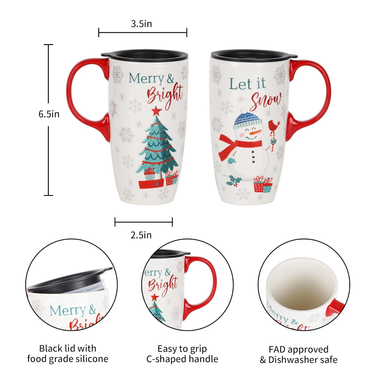 Christmas Ceramic Coffee Mug Tall Ceramic Cup With Lid And Matching Color Box Latte Mug.17 Oz. Christmas Tree And Snowman,Set Of 2