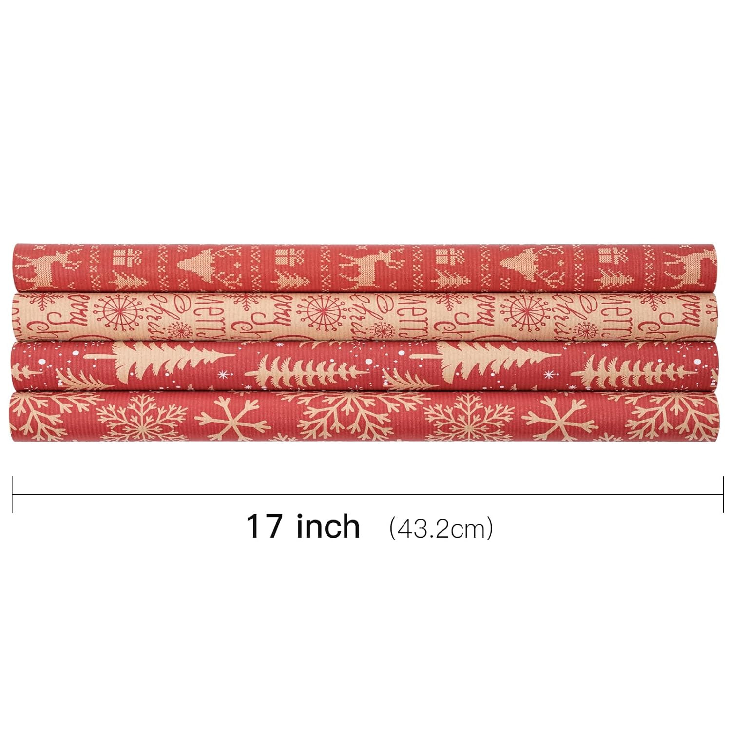 Christmas Kraft Wrapping Paper Roll - Red Reindeer, Snowflake, Christmas Tree And Text Design - 17 Inches X 10 Feet Per Roll, Total Of 4 Rolls